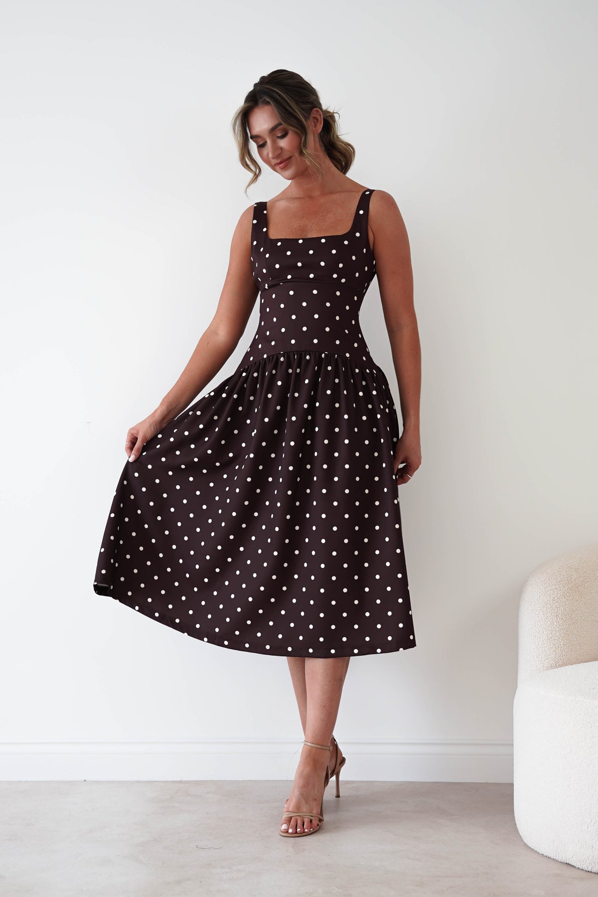 Lorna Square Neck Polka Dot Midi Dress | Brown-Oh Hello Clothing