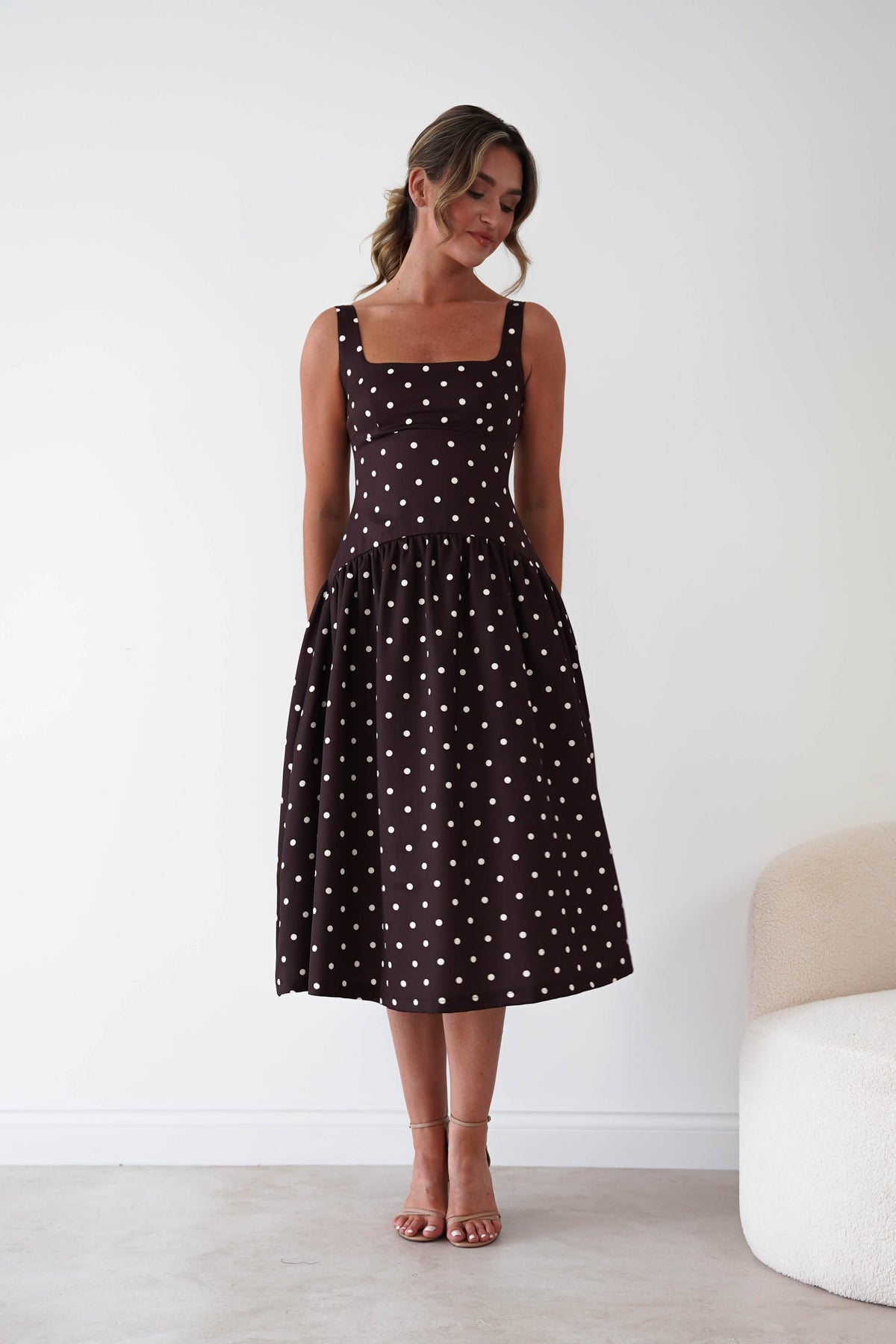 Lorna Square Neck Polka Dot Midi Dress | Brown-Oh Hello Clothing