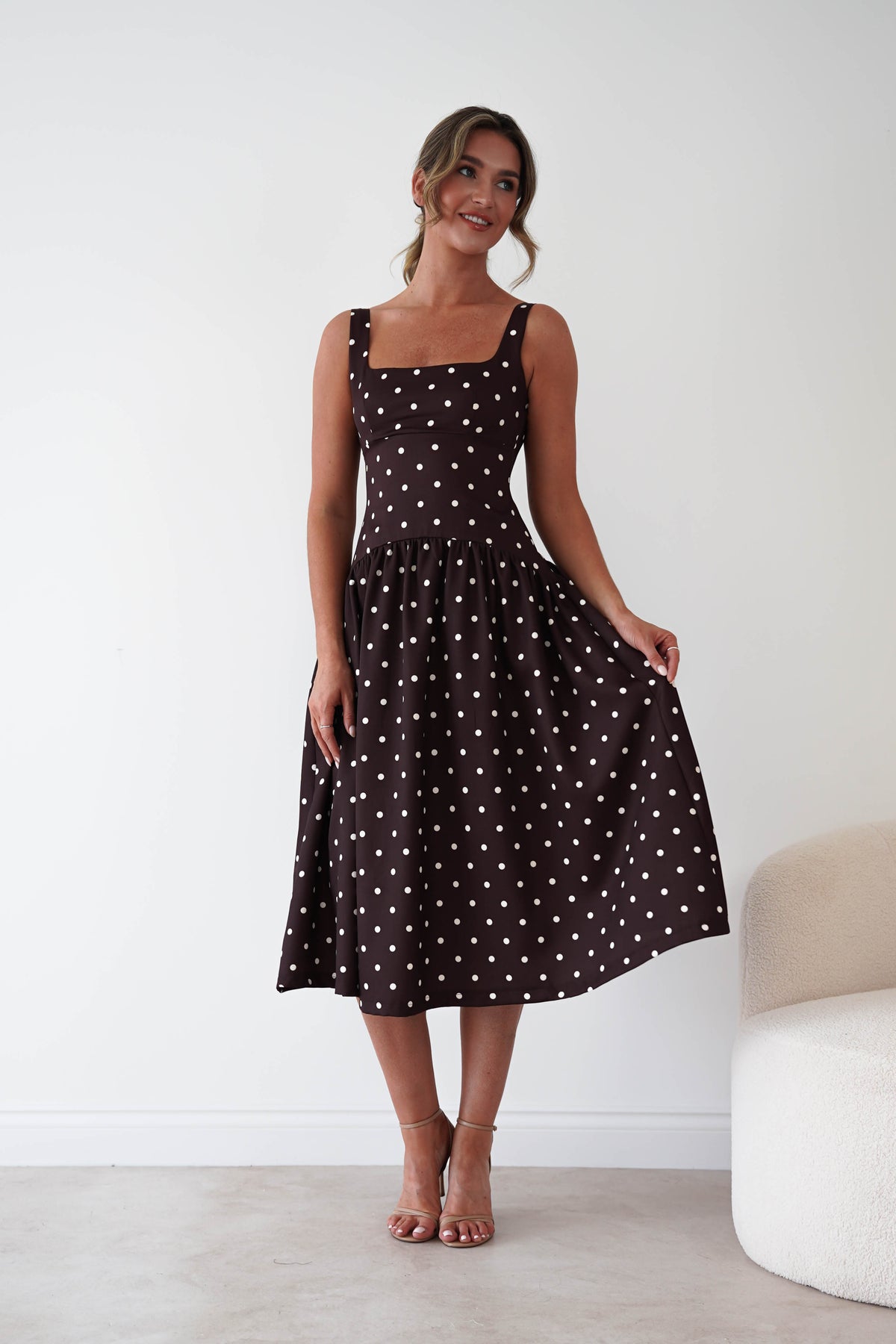 Lorna Square Neck Polka Dot Midi Dress | Brown-Oh Hello Clothing