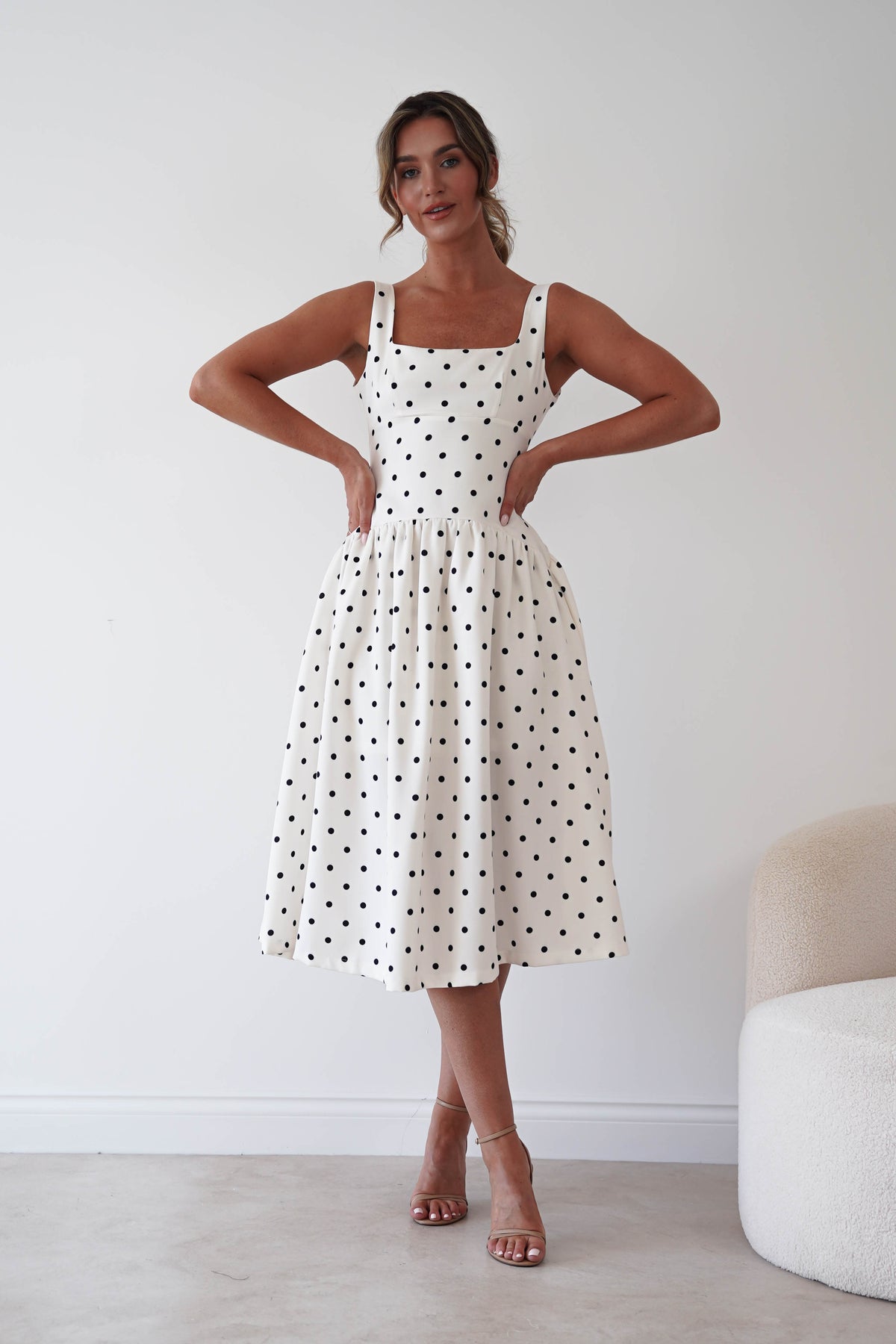Lorna Square Neck Polka Dot Midi Dress | Cream-Oh Hello Clothing