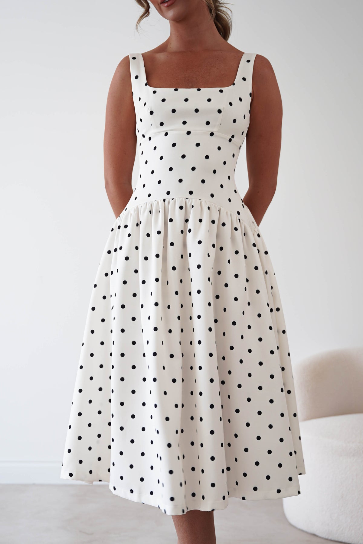 Lorna Square Neck Polka Dot Midi Dress | Cream-Oh Hello Clothing