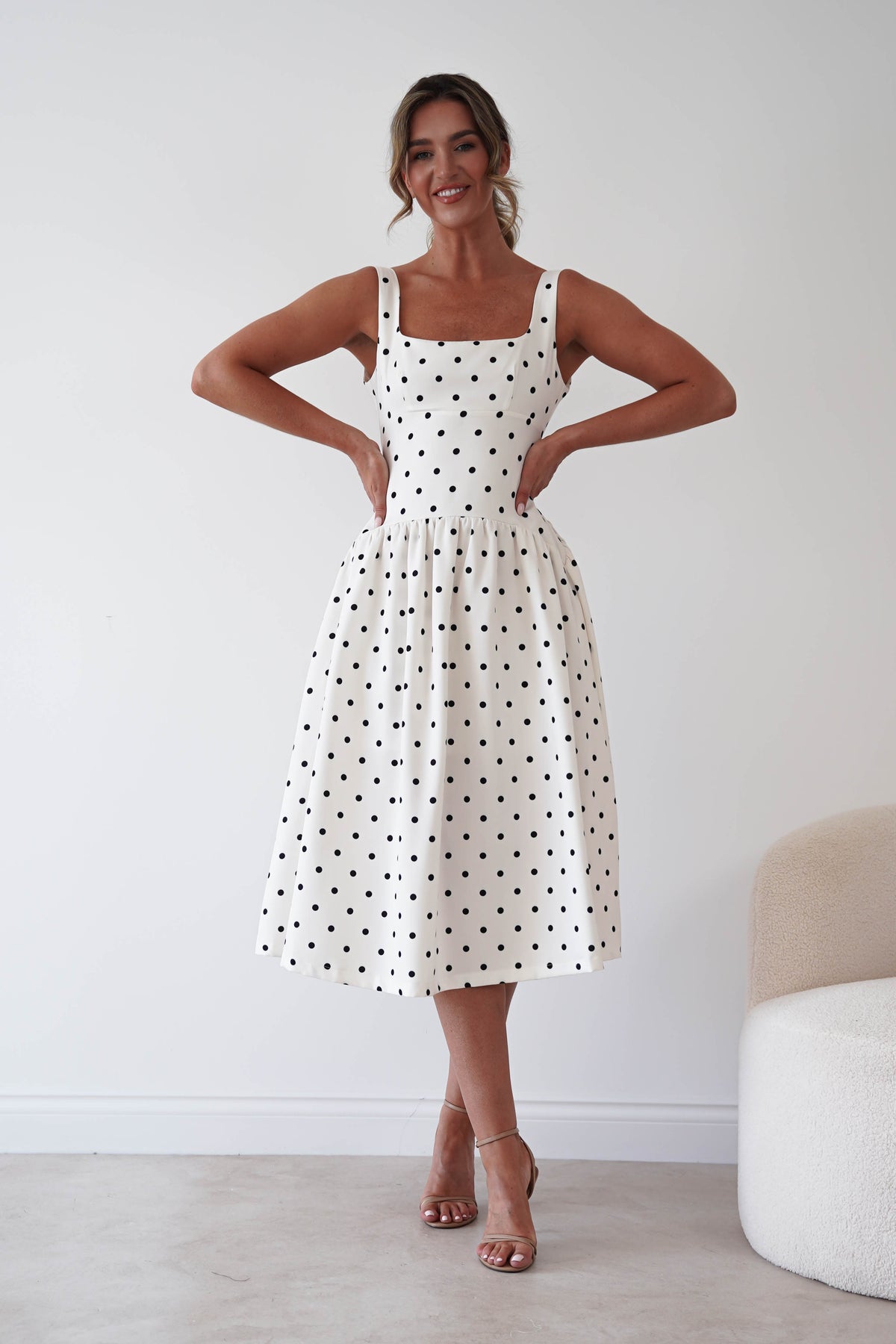 Lorna Square Neck Polka Dot Midi Dress | Cream-Oh Hello Clothing