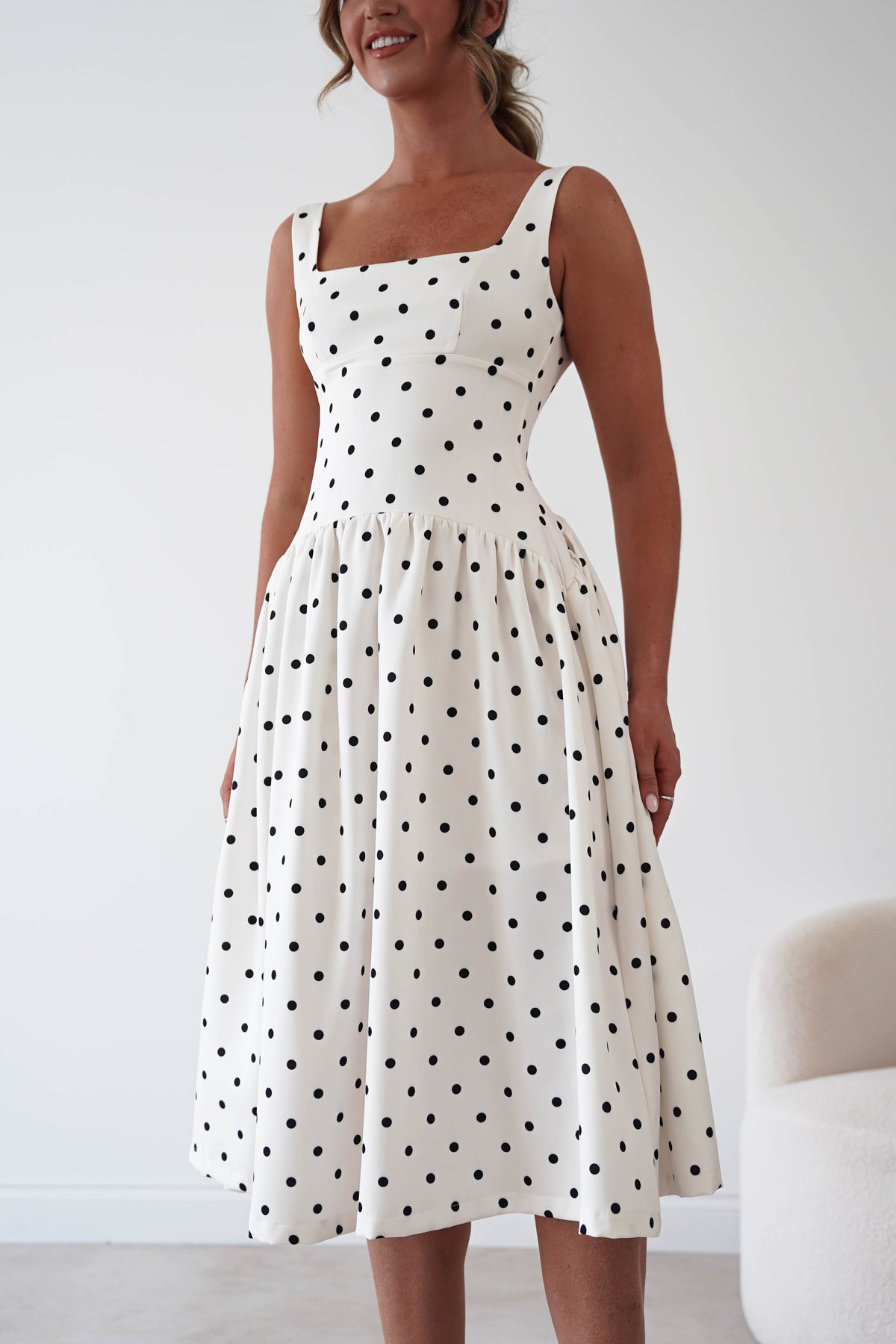 Lorna Square Neck Polka Dot Midi Dress | Cream-Oh Hello Clothing