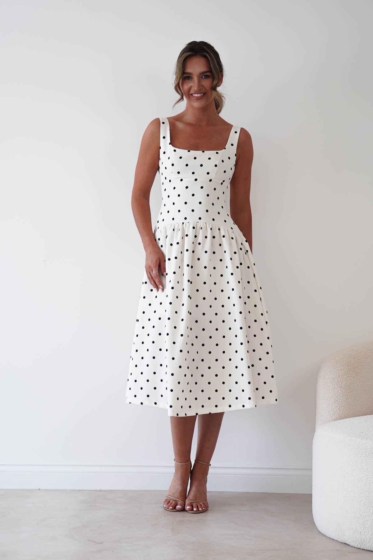 Lorna Square Neck Polka Dot Midi Dress | Cream-Oh Hello Clothing