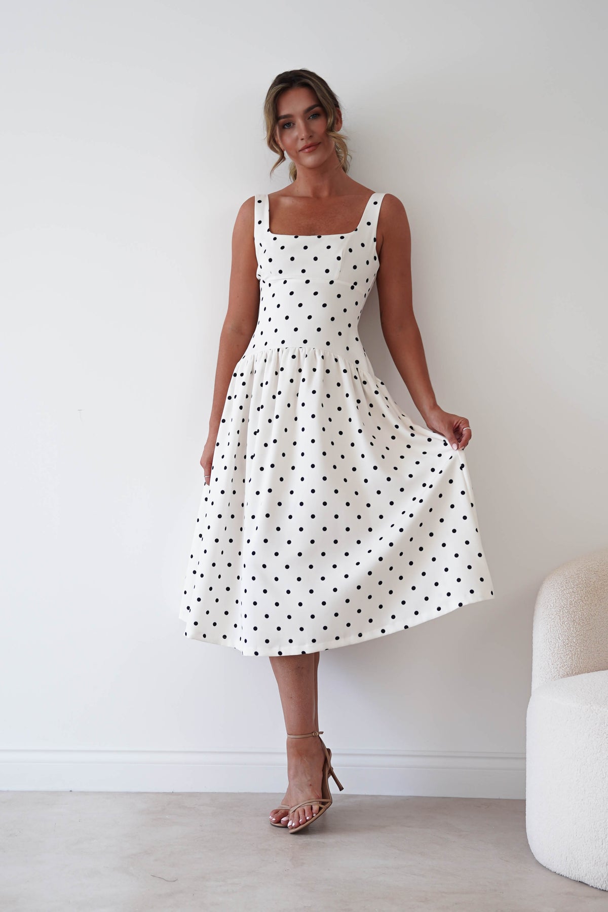 Lorna Square Neck Polka Dot Midi Dress | Cream-Oh Hello Clothing