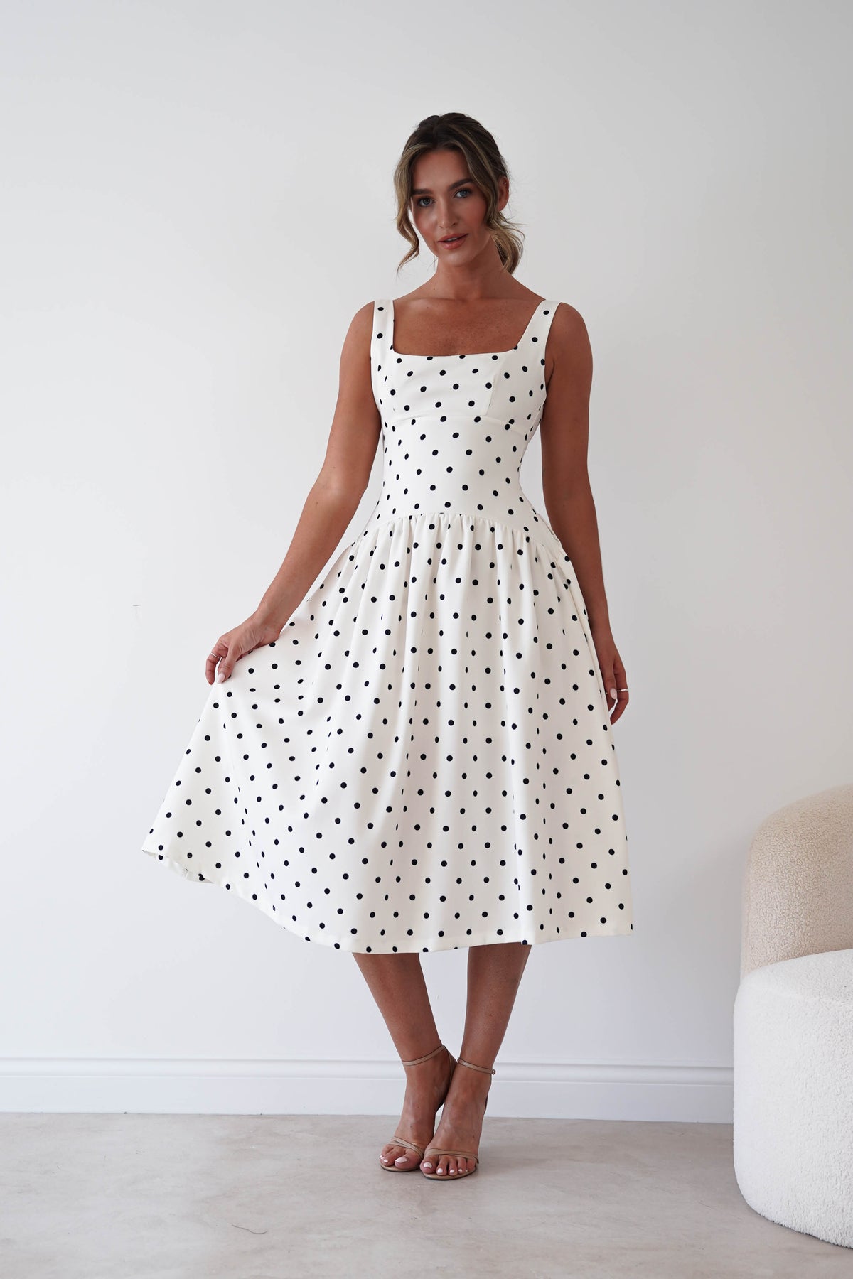 Lorna Square Neck Polka Dot Midi Dress | Cream-Oh Hello Clothing