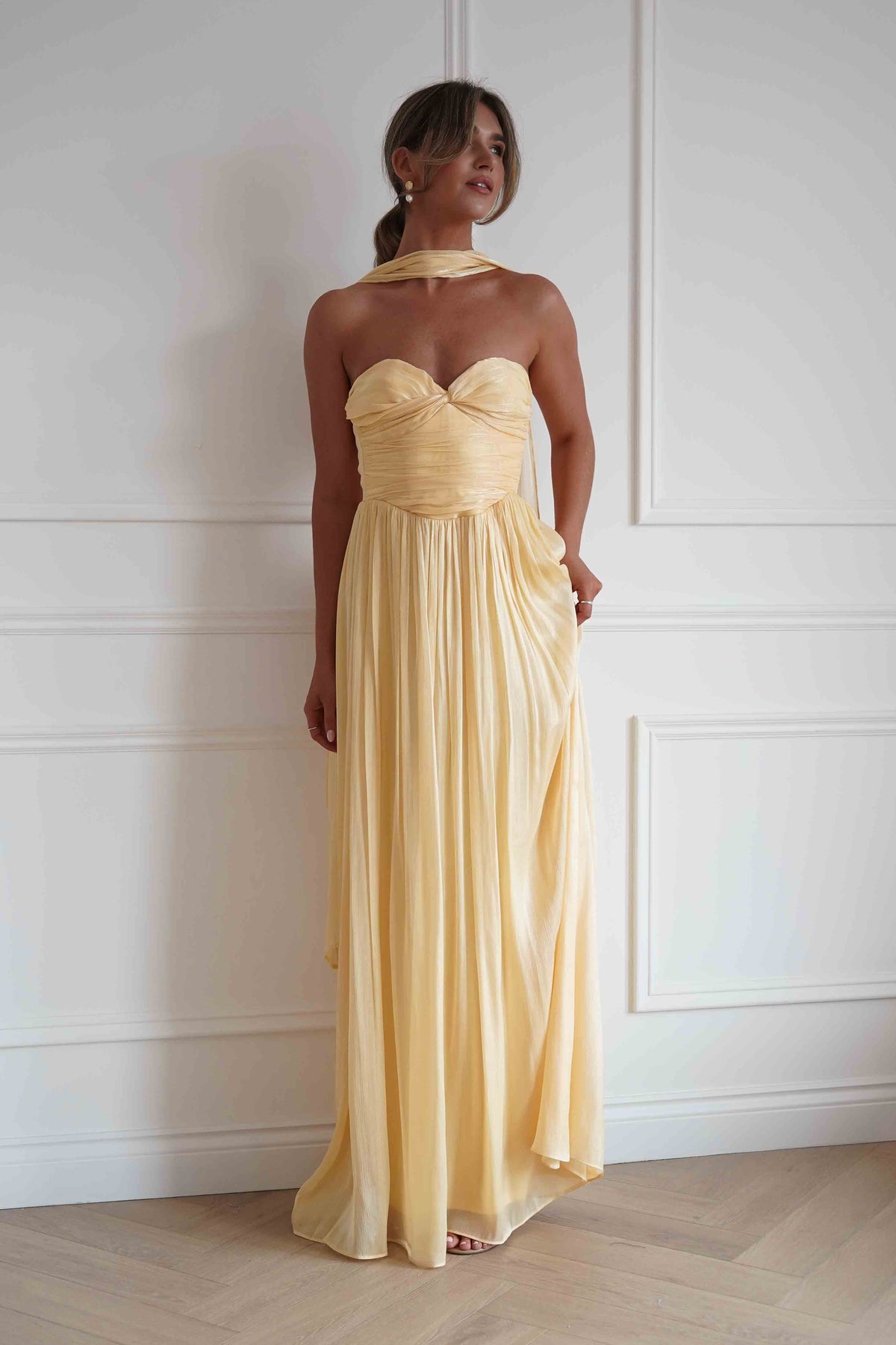Loryn Ruched Strapless Maxi Dress | Yellow-Oh Hello Clothing