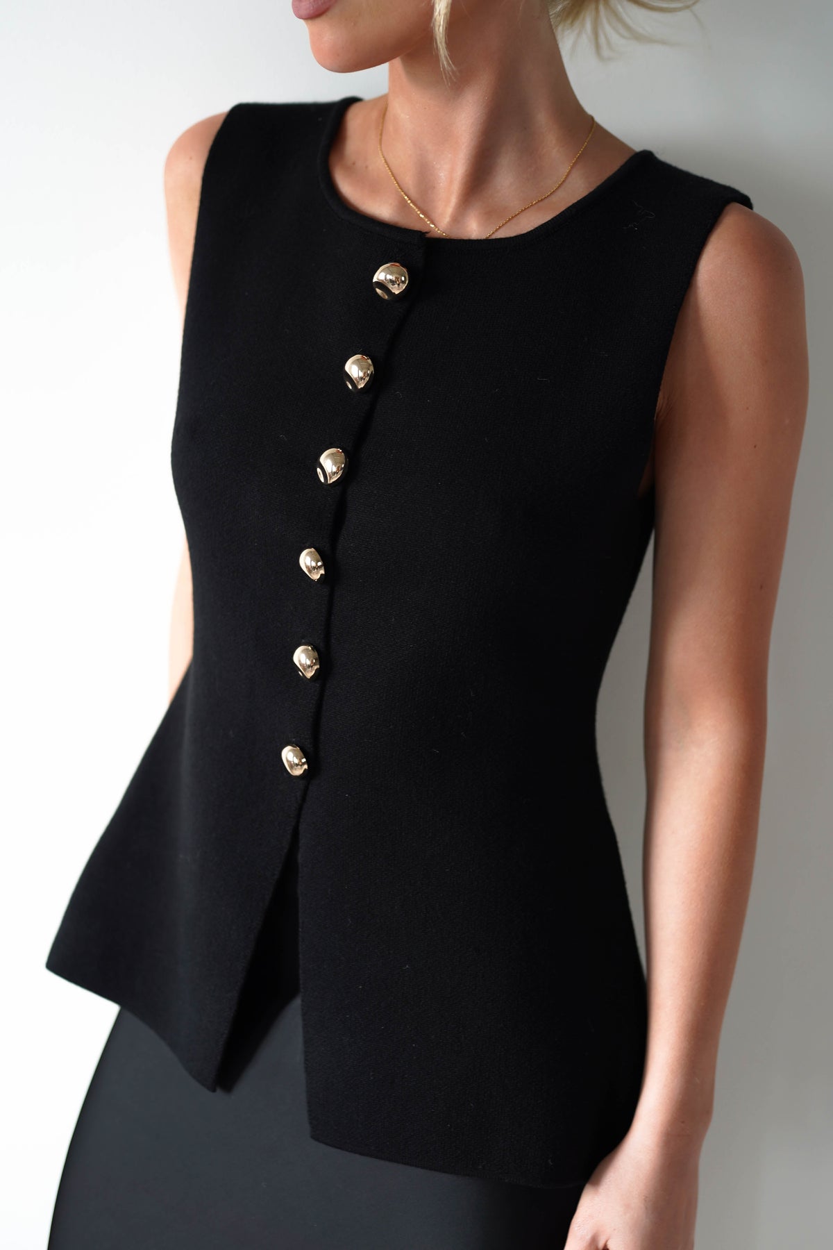 Louella Gold Button Waistcoat Top | Black-Oh Hello Clothing
