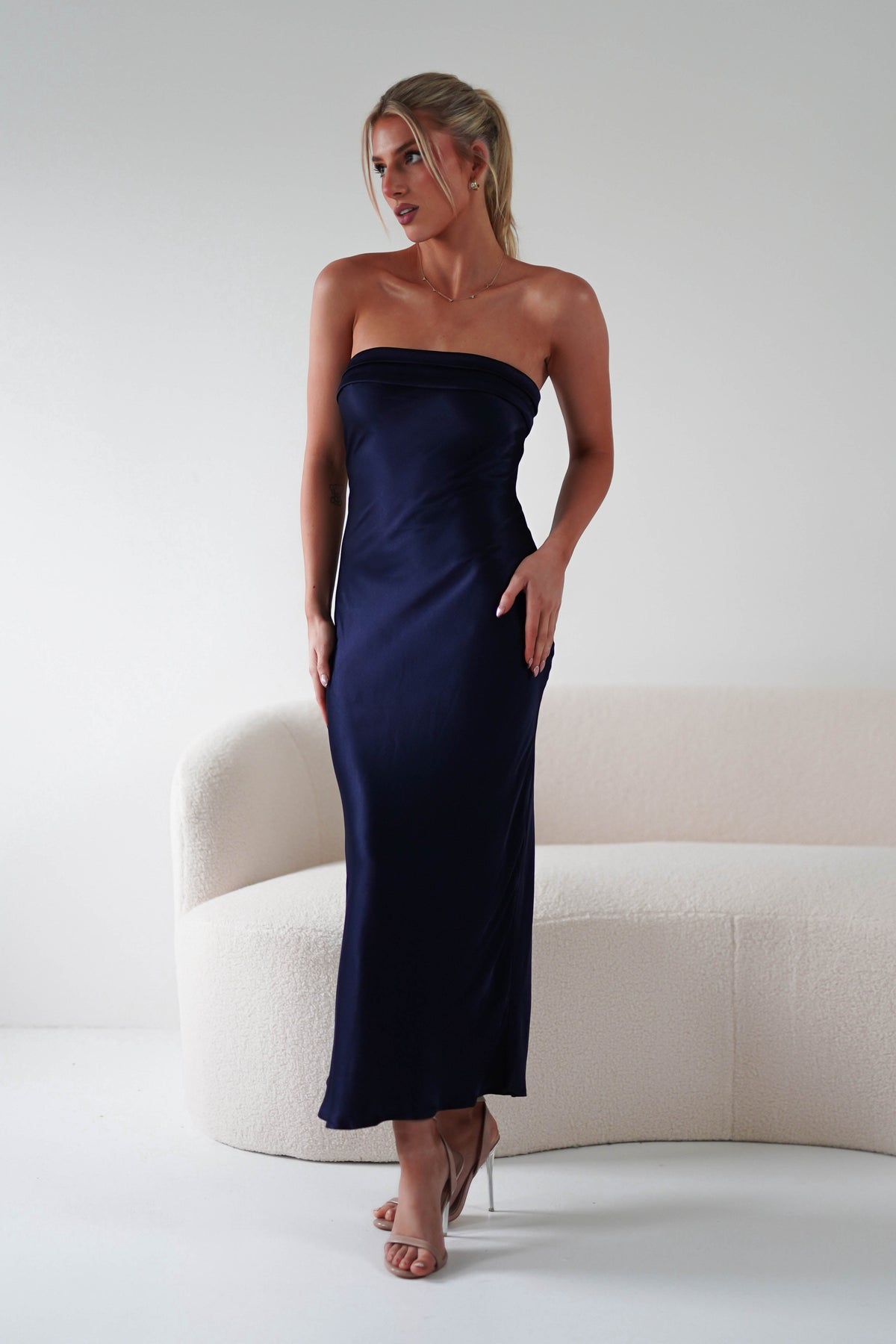 Lucia Soft Satin Slip Midi Dress | Navy-Oh Hello Clothing