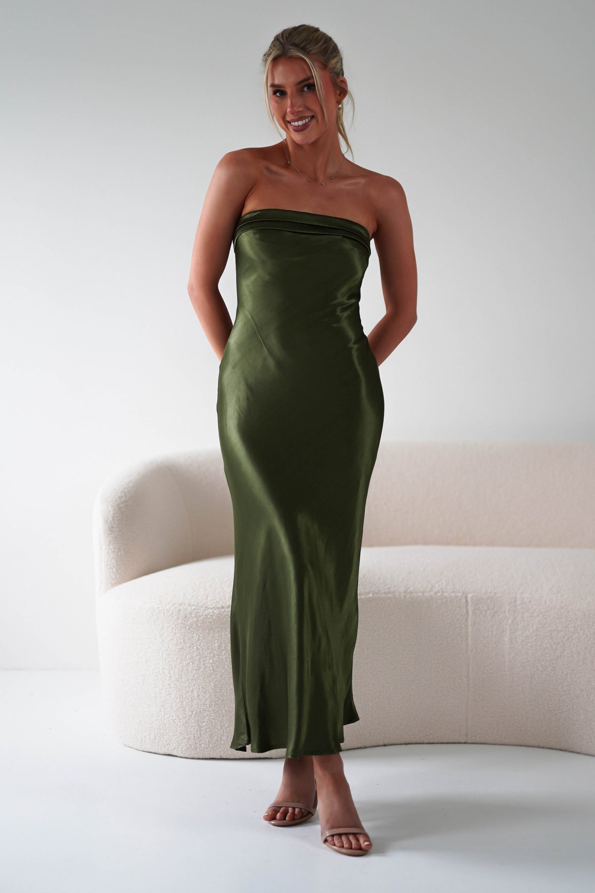 Lucia Soft Satin Slip Midi Dress | Olive-Oh Hello Clothing