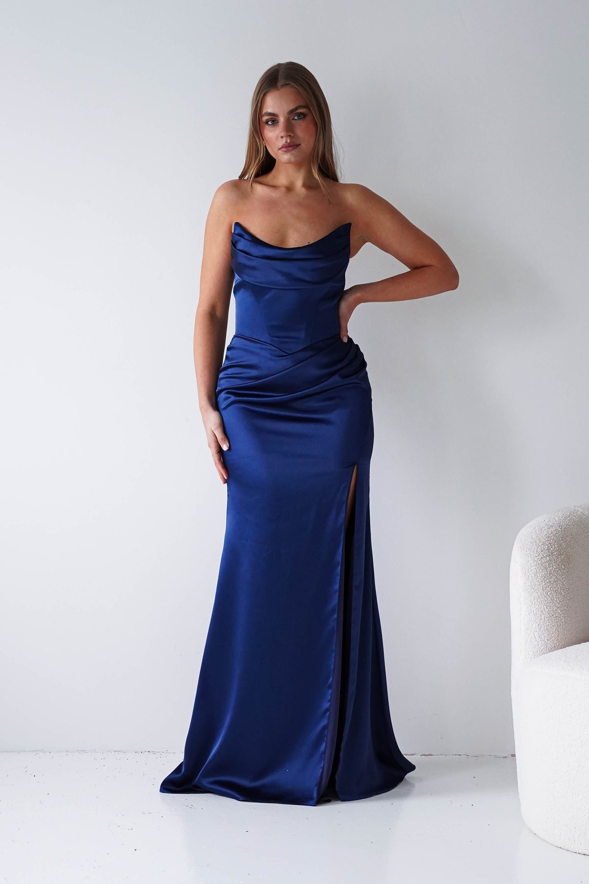 Lucienne Satin Strapless Maxi Dress | Navy-Oh Hello Clothing