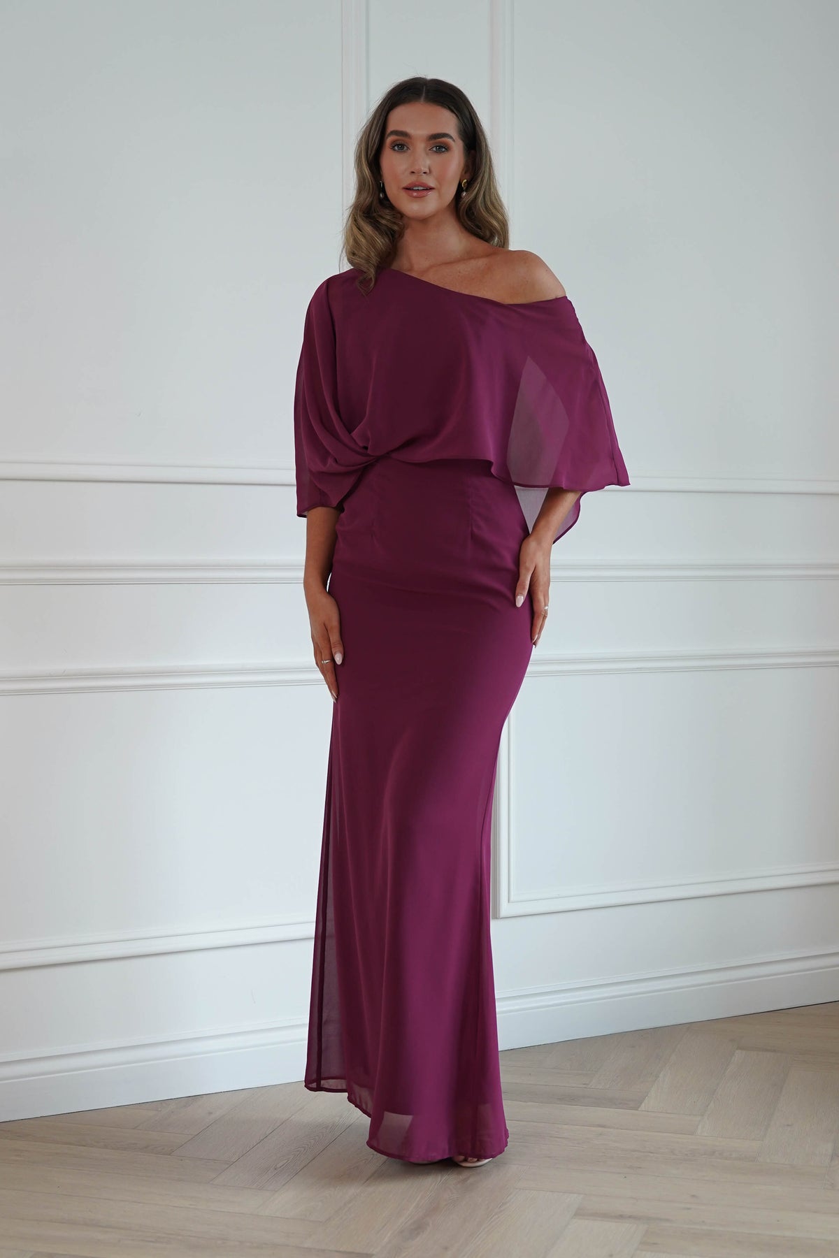 Oh Hello Clothing Women > Clothing > Dresses * DONE - MANIJU | MM24629 |Draped Cape Maxi Dress | darkrose (Copy)