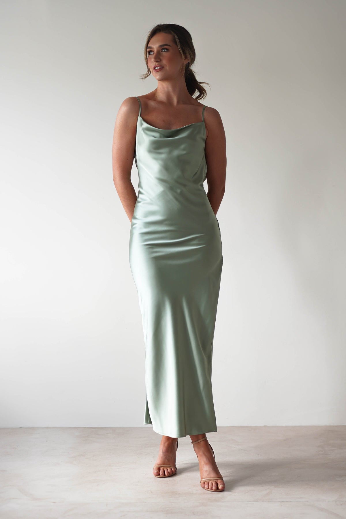 Luiza Low Back Satin Maxi Dress | Sage-Oh Hello Clothing