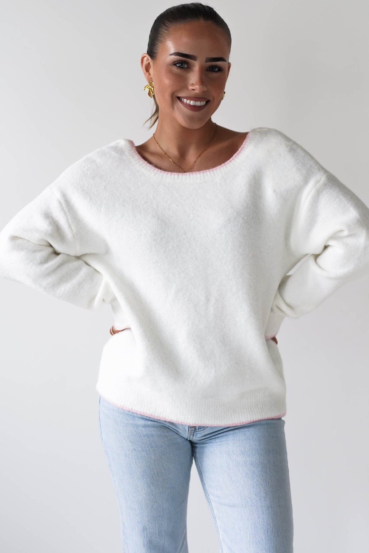 Lula Bow Detail Knit Jumper | White/Pink-Oh Hello Clothing