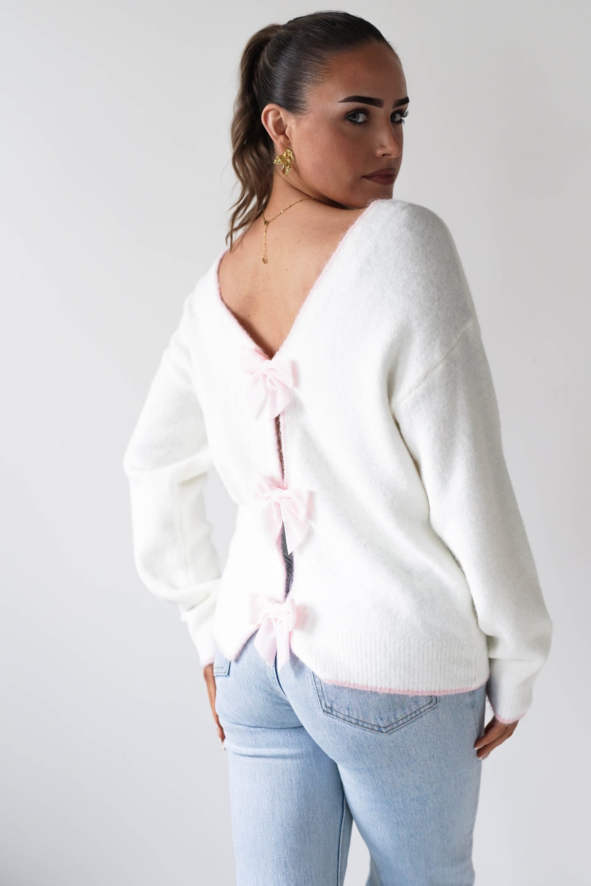 Lula Bow Detail Knit Jumper | White/Pink-Oh Hello Clothing