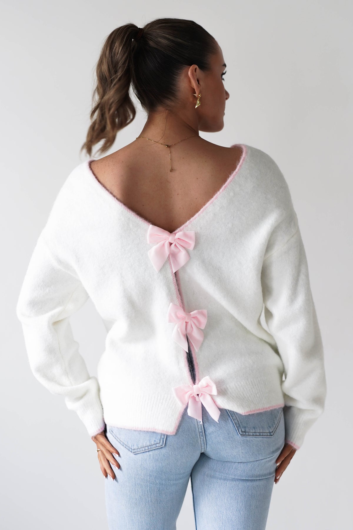 Lula Bow Detail Knit Jumper | White/Pink-Oh Hello Clothing