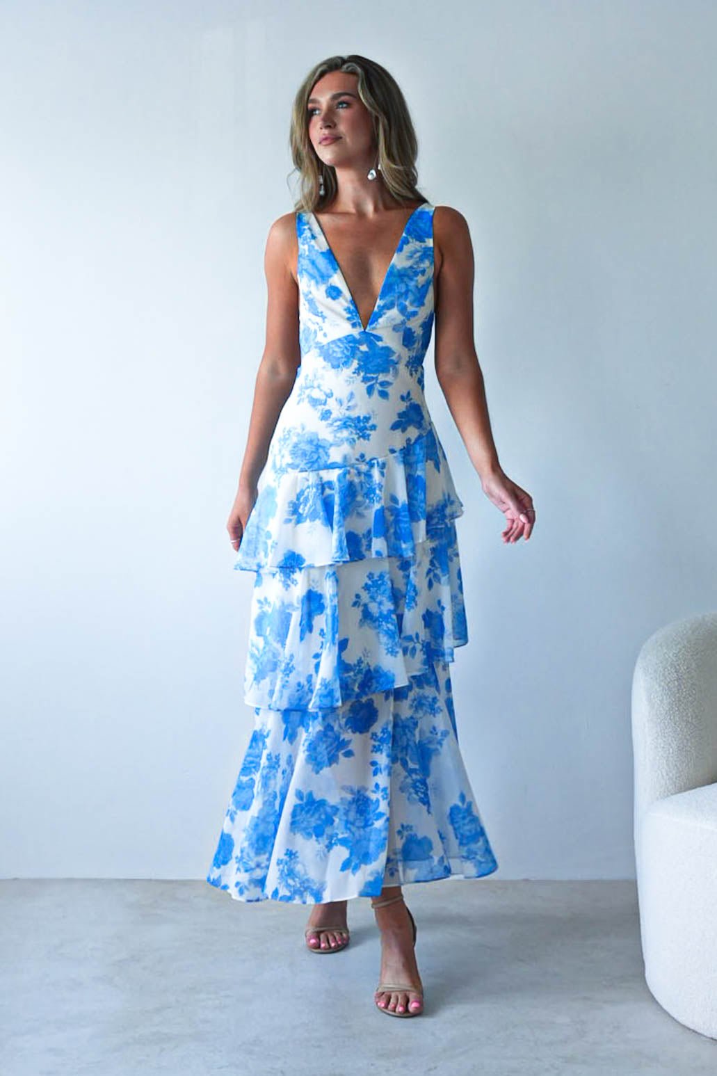 Lyla Floral Ruffle Midaxi Dress | Blue/White-Oh Hello Clothing