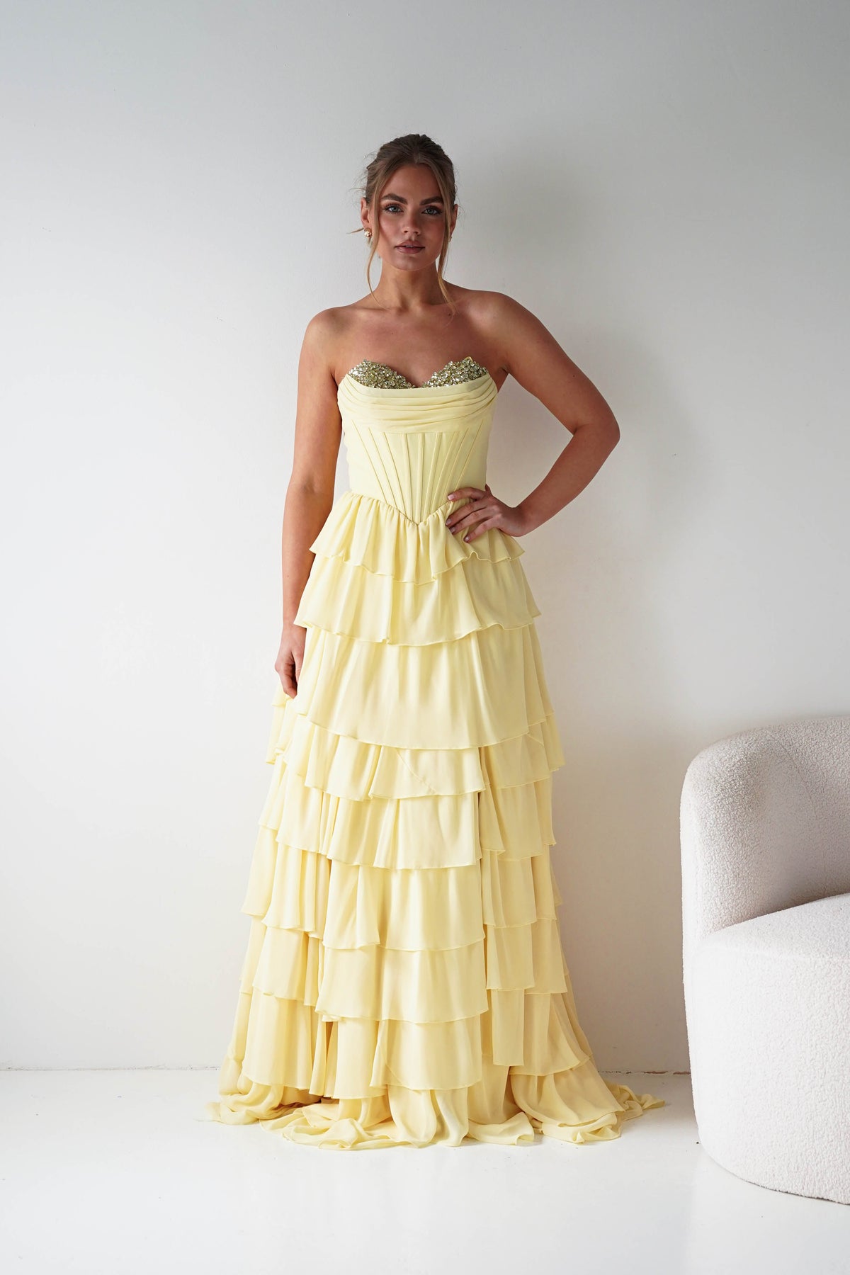 Maddie Ruffle Tiered Sweetheart Gown | Yellow-Oh Hello Clothing