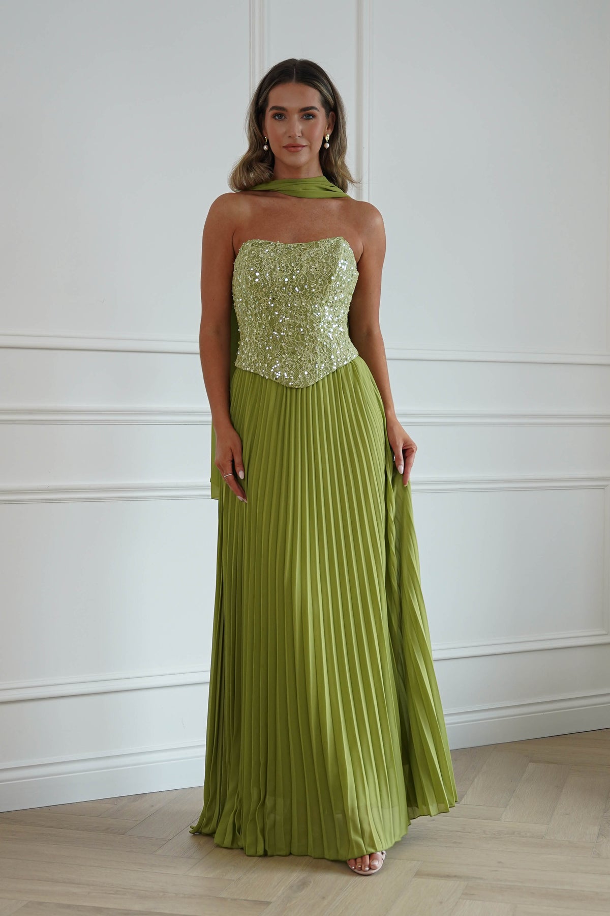 Madelyn Strapless Pleated Maxi Dress | Lime