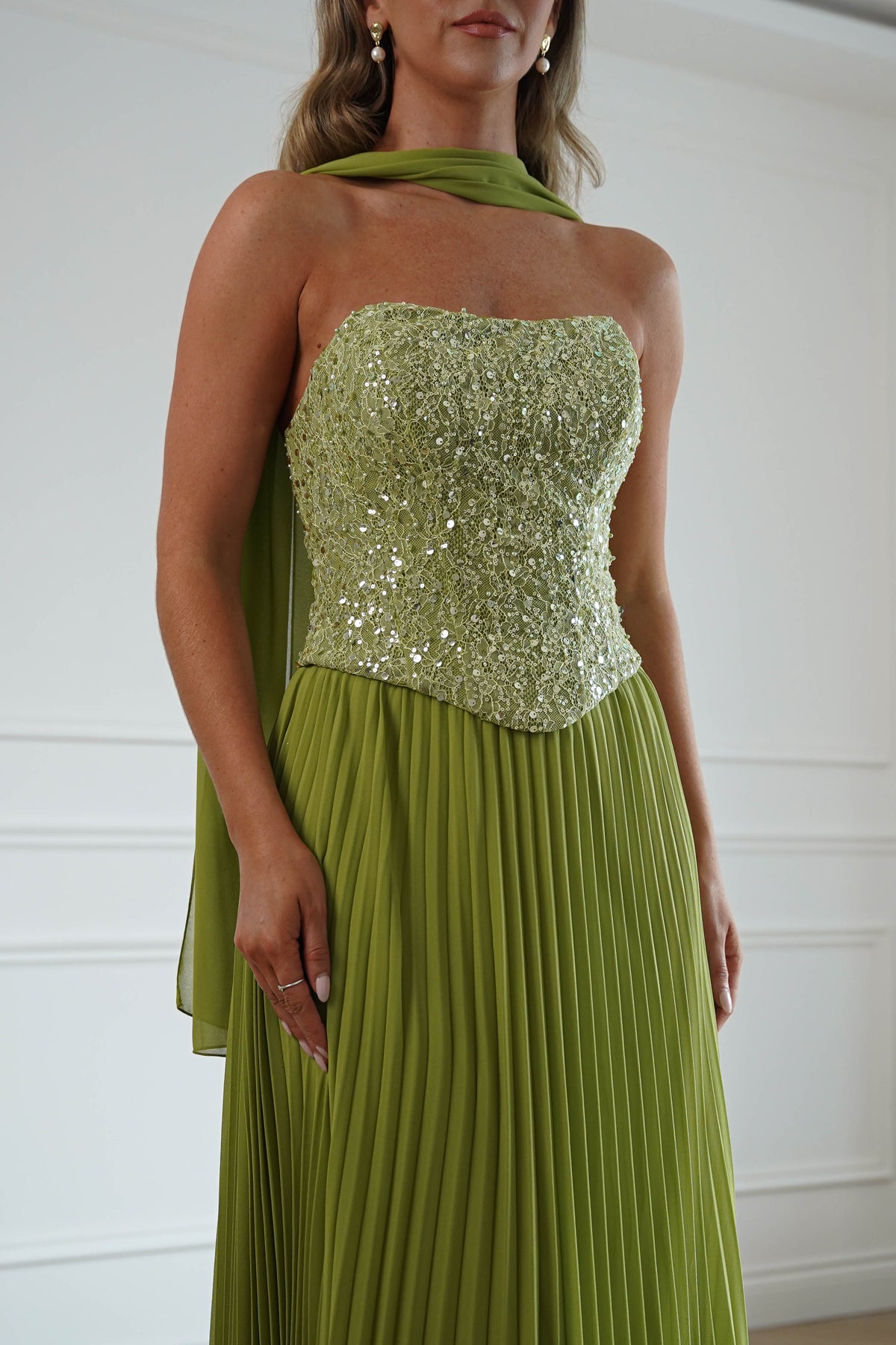 Madelyn Strapless Pleated Maxi Dress | Lime