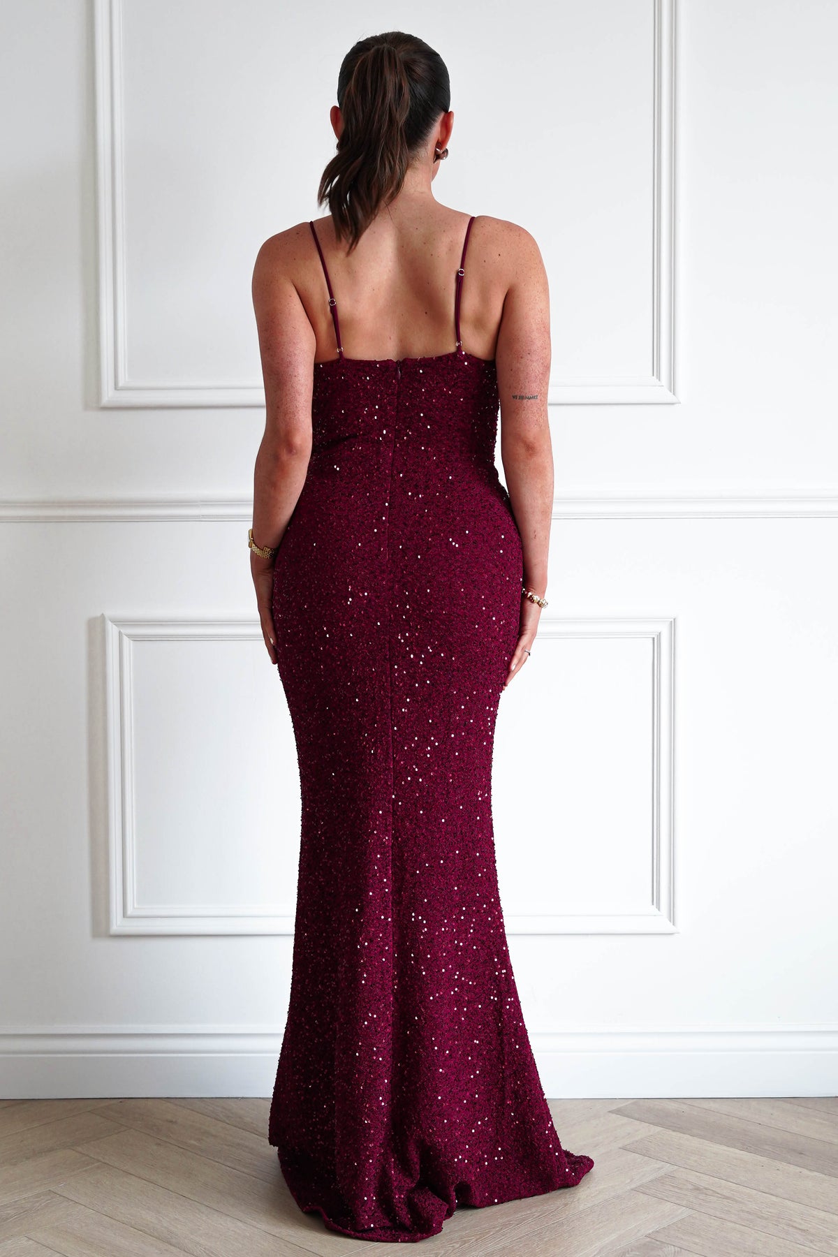 Maria Sequin Bodycon Maxi Gown | Dark Red-Oh Hello Clothing