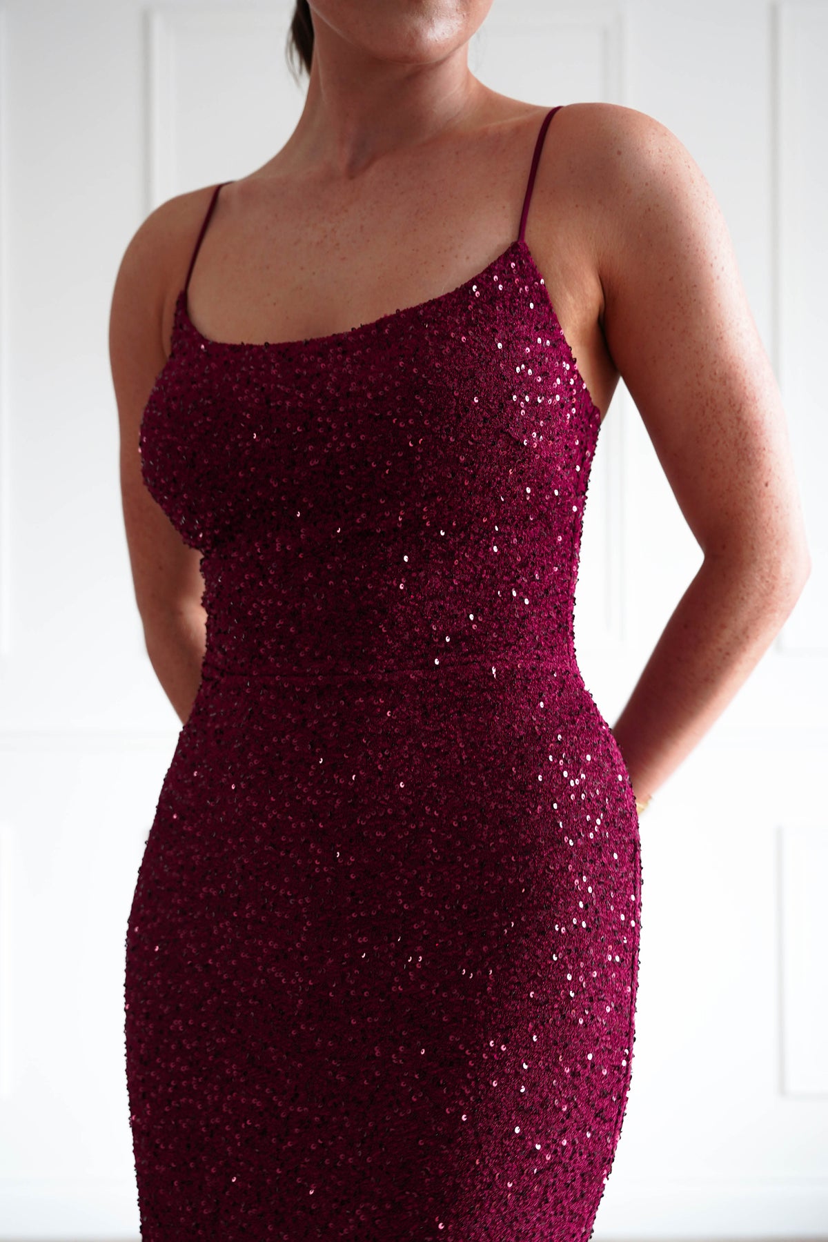 Maria Sequin Bodycon Maxi Gown | Dark Red-Oh Hello Clothing