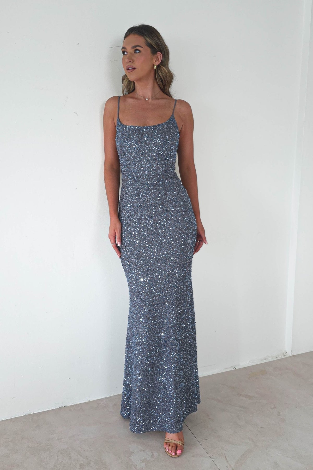 Maria Sequin Bodycon Maxi Gown | Silver-Oh Hello Clothing