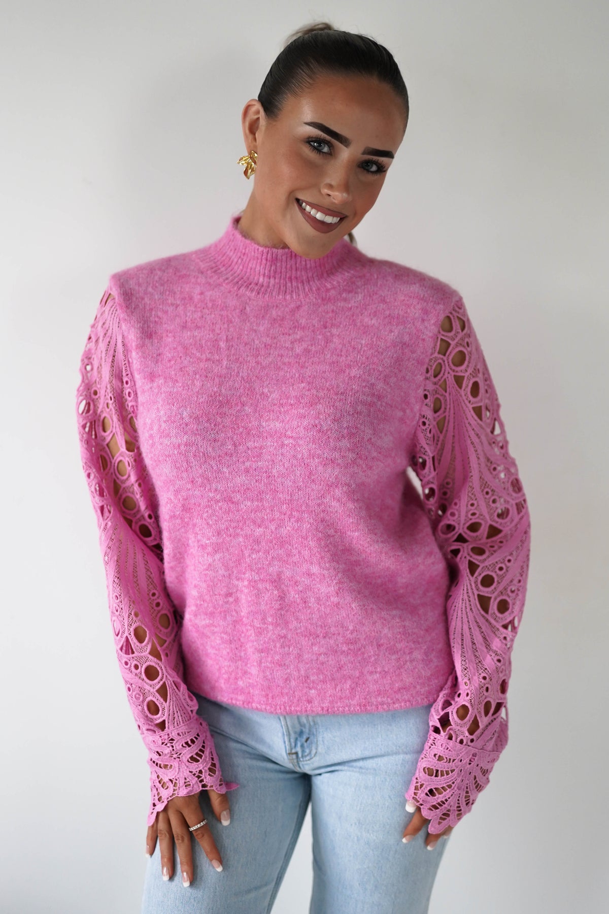 Marie Lace Sleeve Knit Jumper | Pink-Oh Hello Clothing