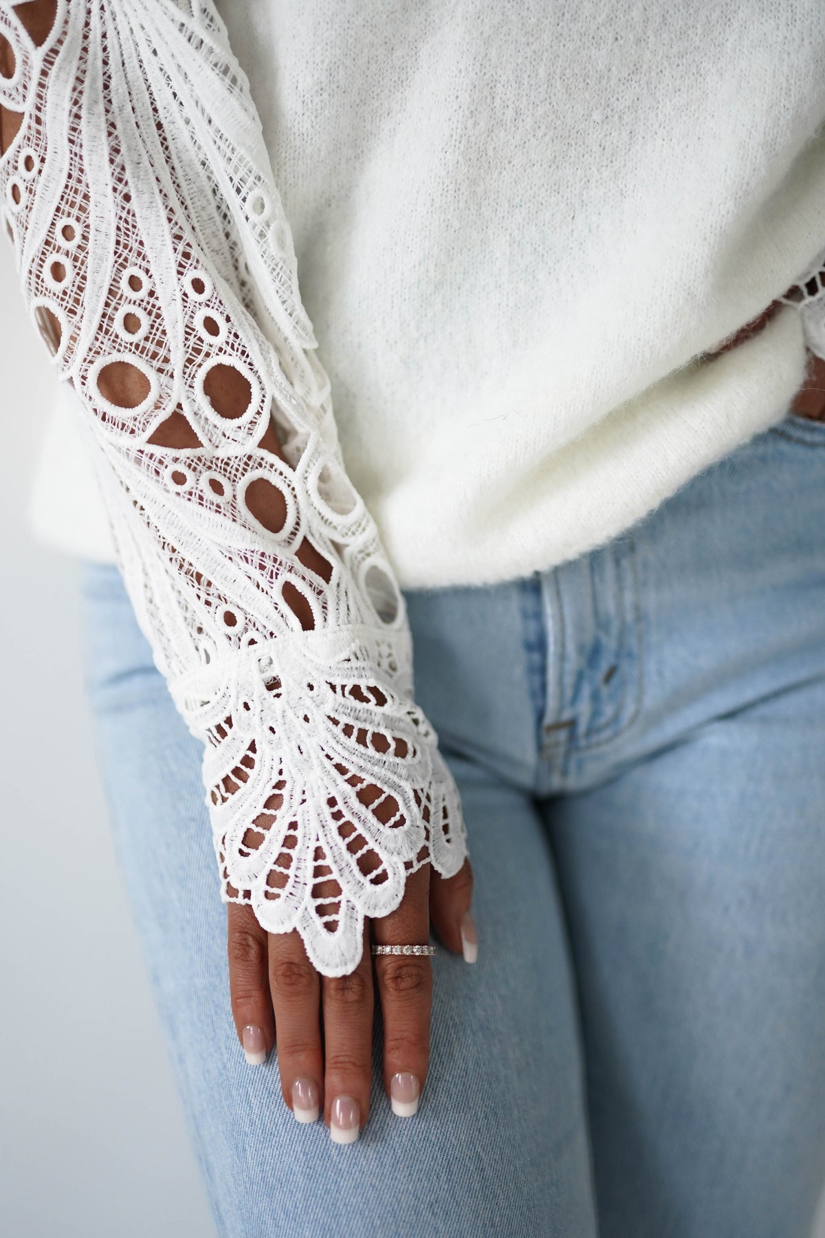 Marie Lace Sleeve Knit Jumper | White-Oh Hello Clothing