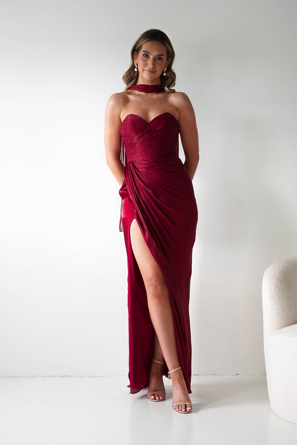 Marielle Glowing Chiffon Strapless Maxi Dress | Burgundy-Oh Hello Clothing