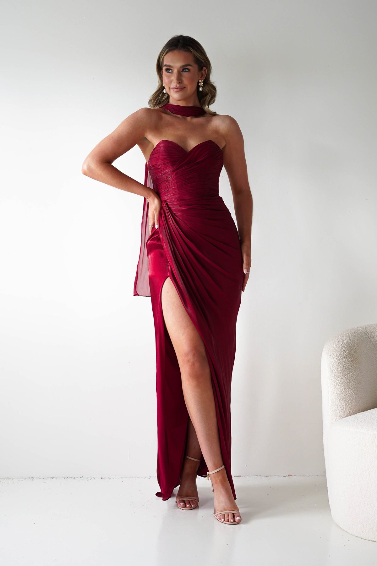 Marielle Glowing Chiffon Strapless Maxi Dress | Burgundy-Oh Hello Clothing