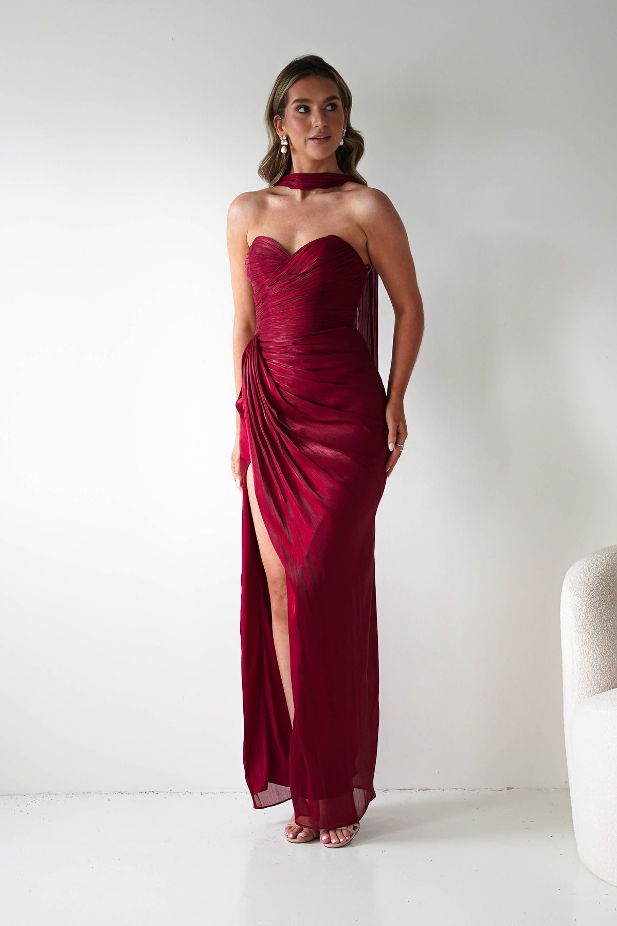 Marielle Glowing Chiffon Strapless Maxi Dress | Burgundy-Oh Hello Clothing