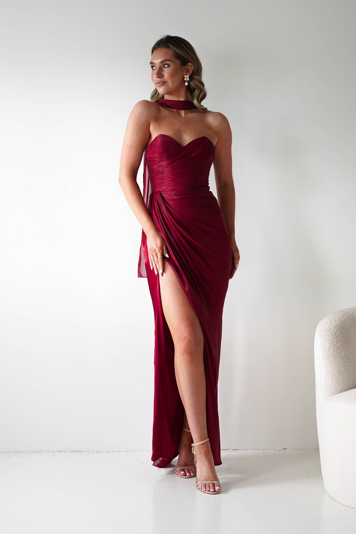 Marielle Glowing Chiffon Strapless Maxi Dress | Burgundy-Oh Hello Clothing