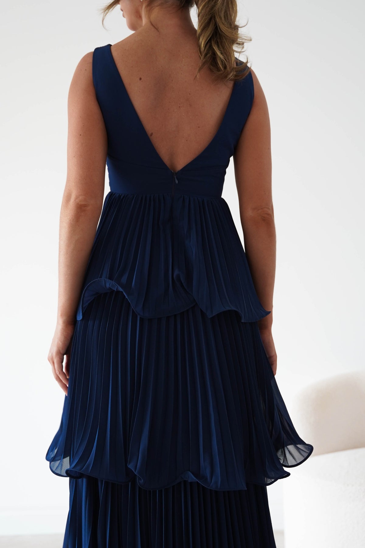Marielle Pleated Tiered Midi Dress | Navy Blue-Oh Hello Clothing