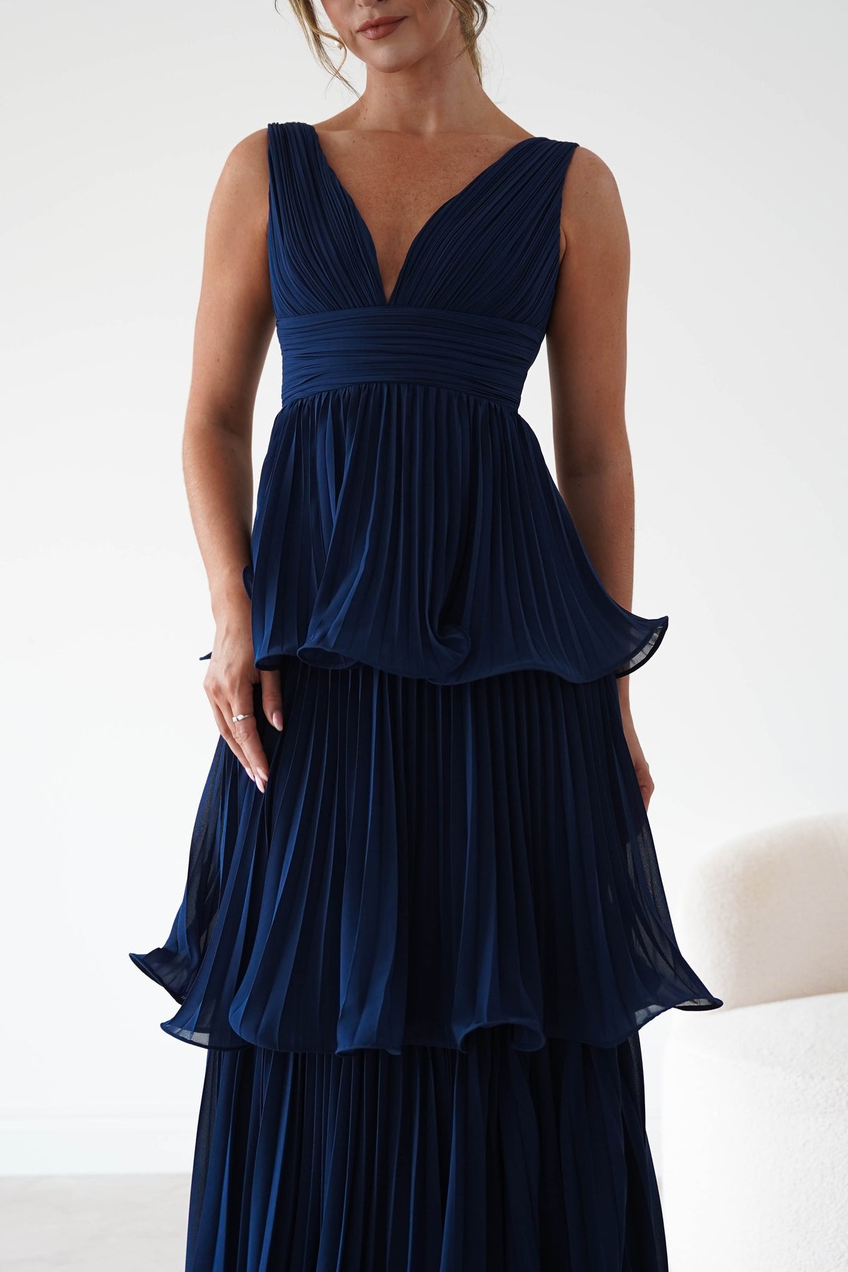 Marielle Pleated Tiered Midi Dress | Navy Blue-Oh Hello Clothing