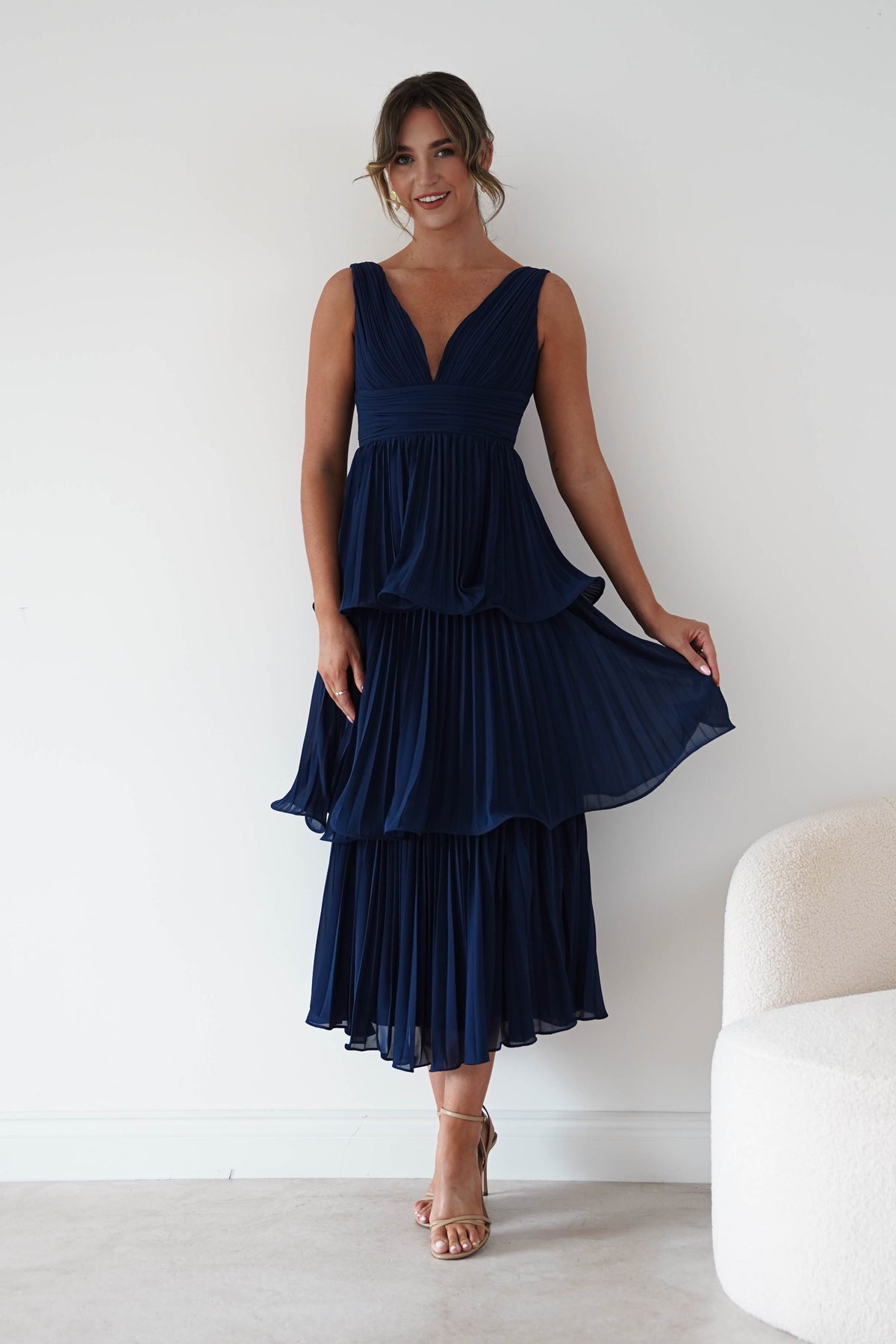Marielle Pleated Tiered Midi Dress | Navy Blue-Oh Hello Clothing