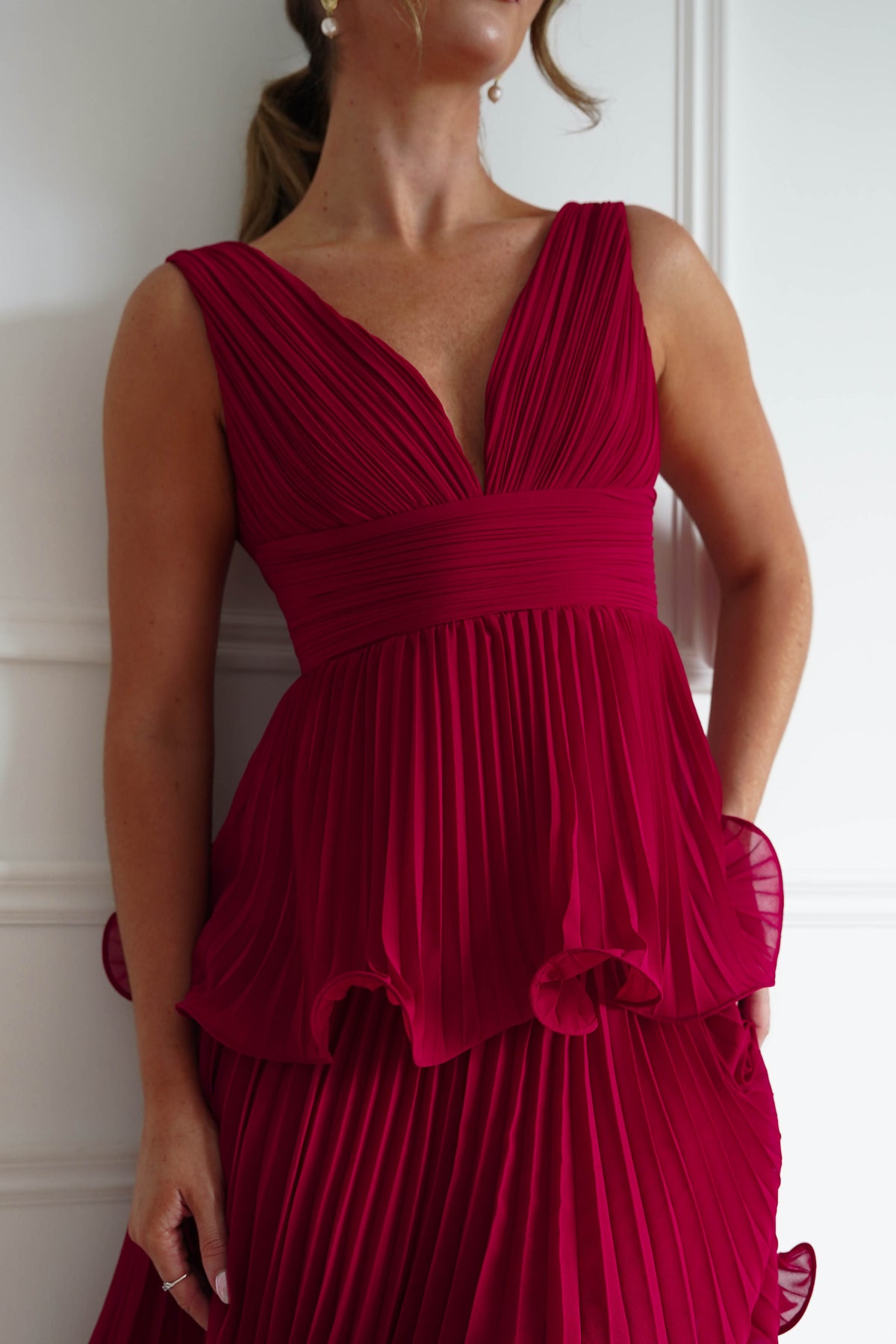 Marielle Pleated Tiered Midi Dress | Red-Oh Hello Clothing