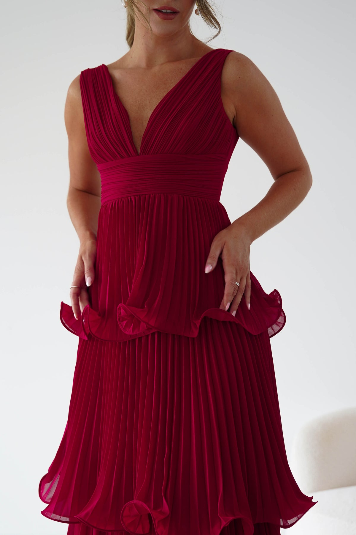 Marielle Pleated Tiered Midi Dress | Red-Oh Hello Clothing