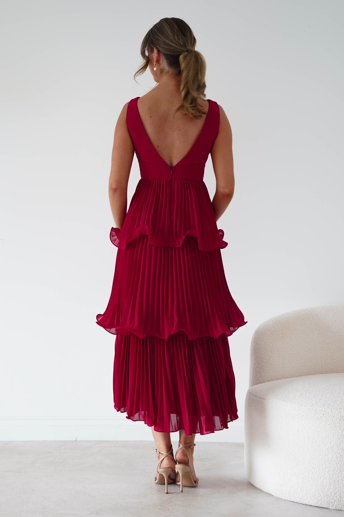 Marielle Pleated Tiered Midi Dress | Red-Oh Hello Clothing