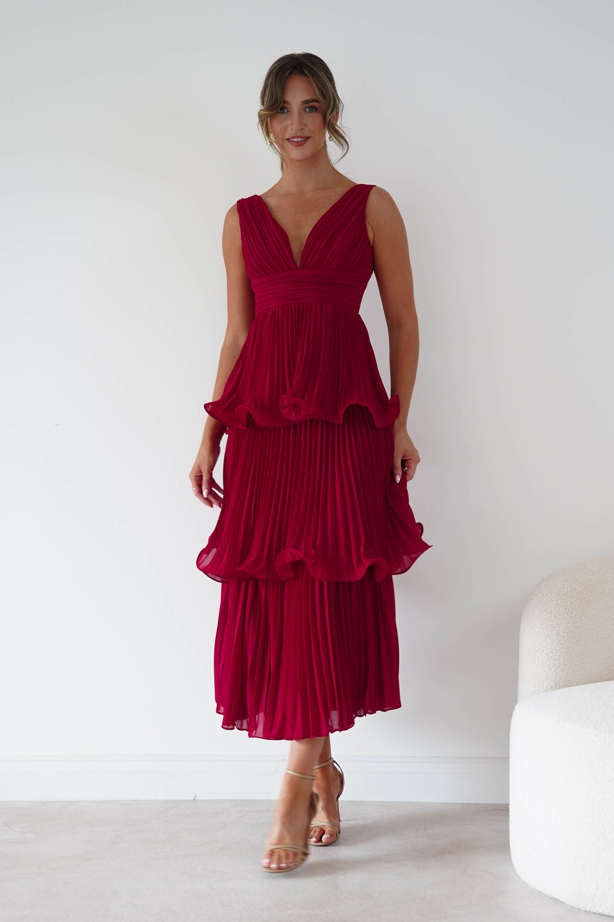 Marielle Pleated Tiered Midi Dress | Red-Oh Hello Clothing