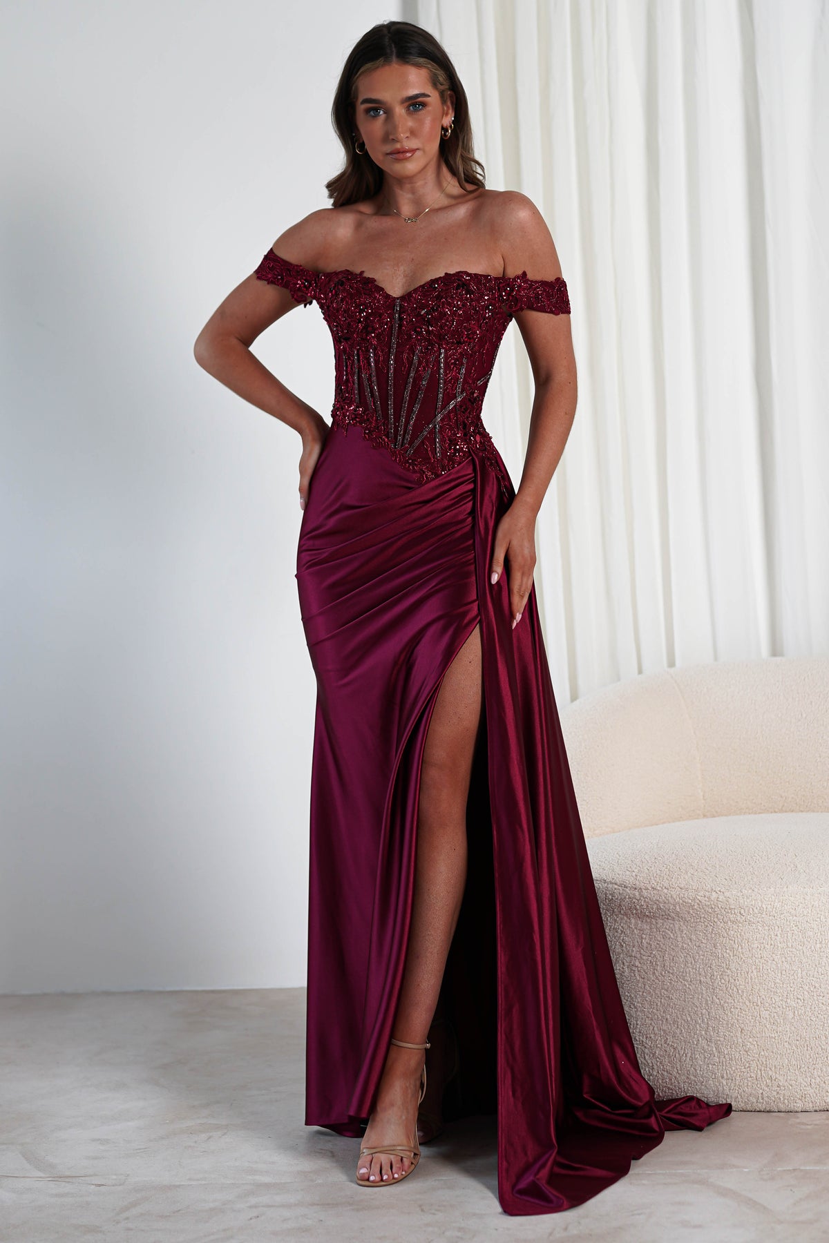 Marsela Lace Bodice Gown | Burgundy-Oh Hello Clothing