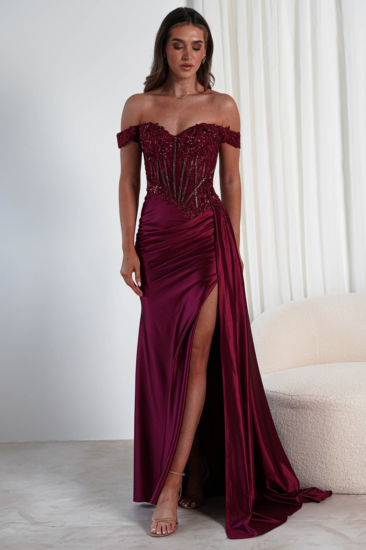 Marsela Lace Bodice Gown | Burgundy-Oh Hello Clothing