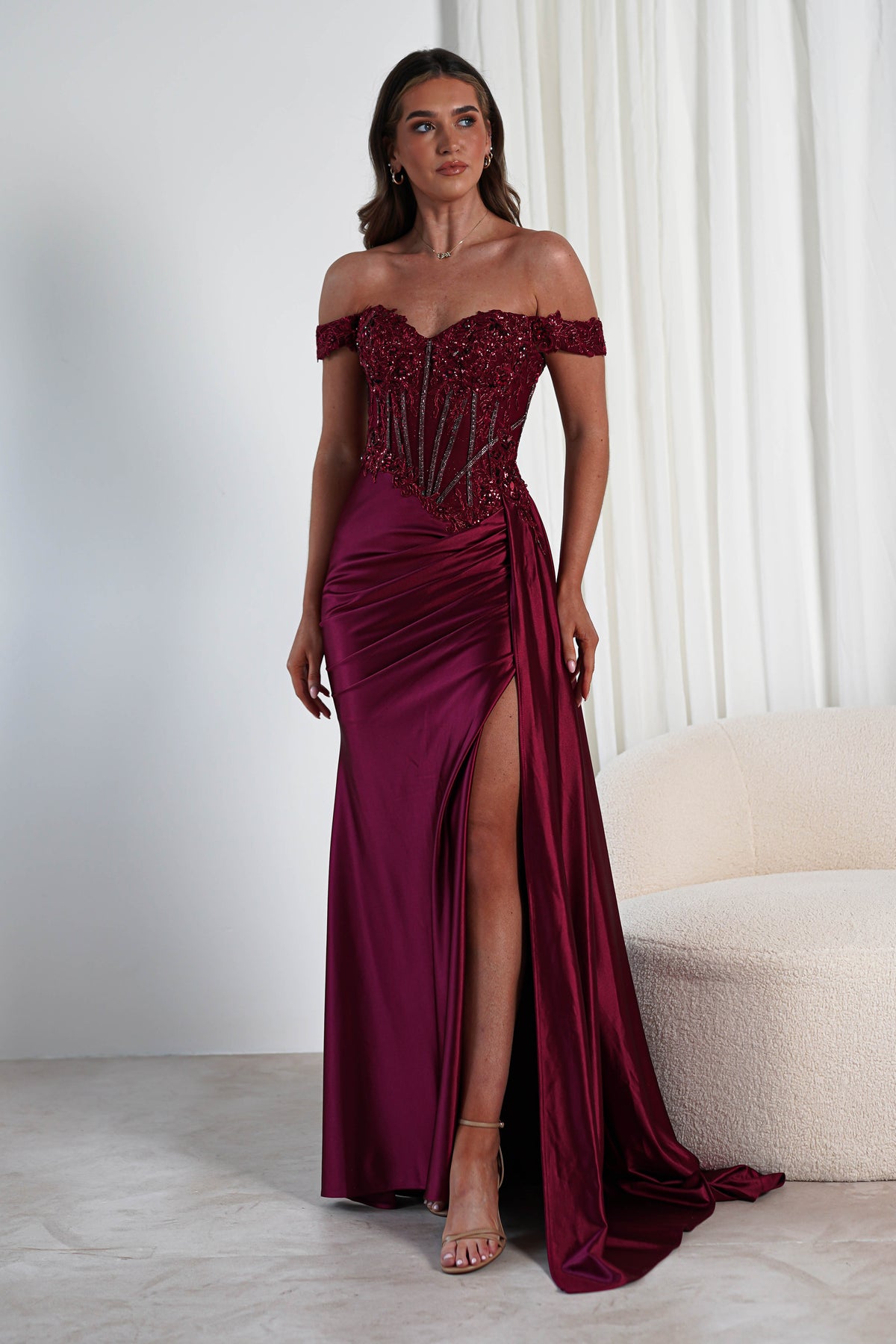 Marsela Lace Bodice Gown | Burgundy-Oh Hello Clothing