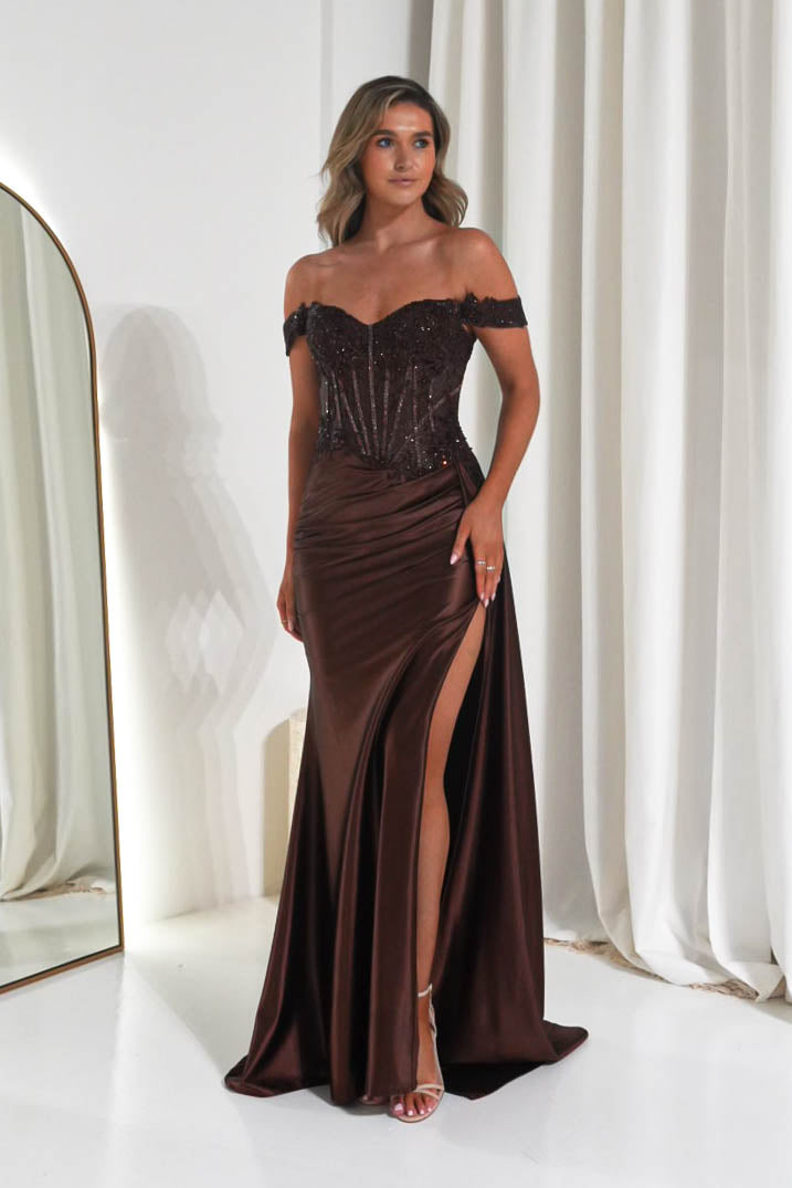 Marsela Lace Bodice Gown | Espresso Brown-Oh Hello Clothing