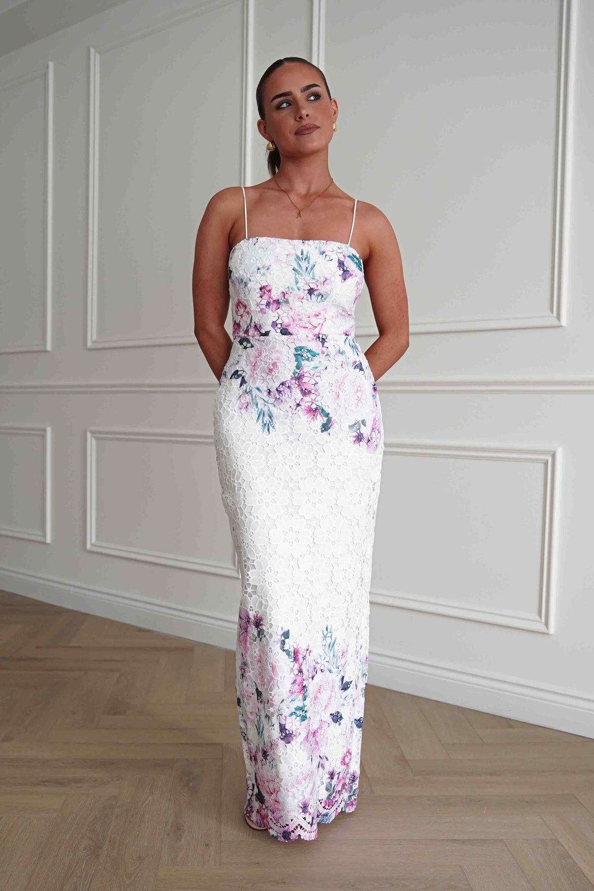 Melanie Floral Lace Midaxi Dress | White/Pink-Oh Hello Clothing