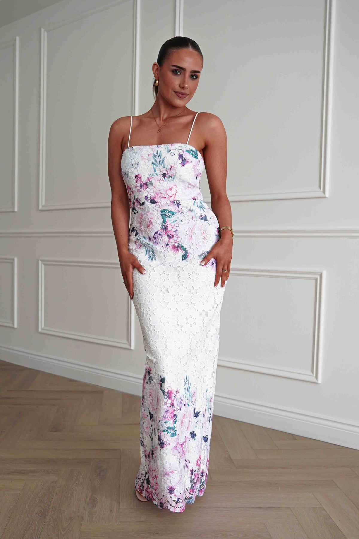Melanie Floral Lace Midaxi Dress | White/Pink-Oh Hello Clothing