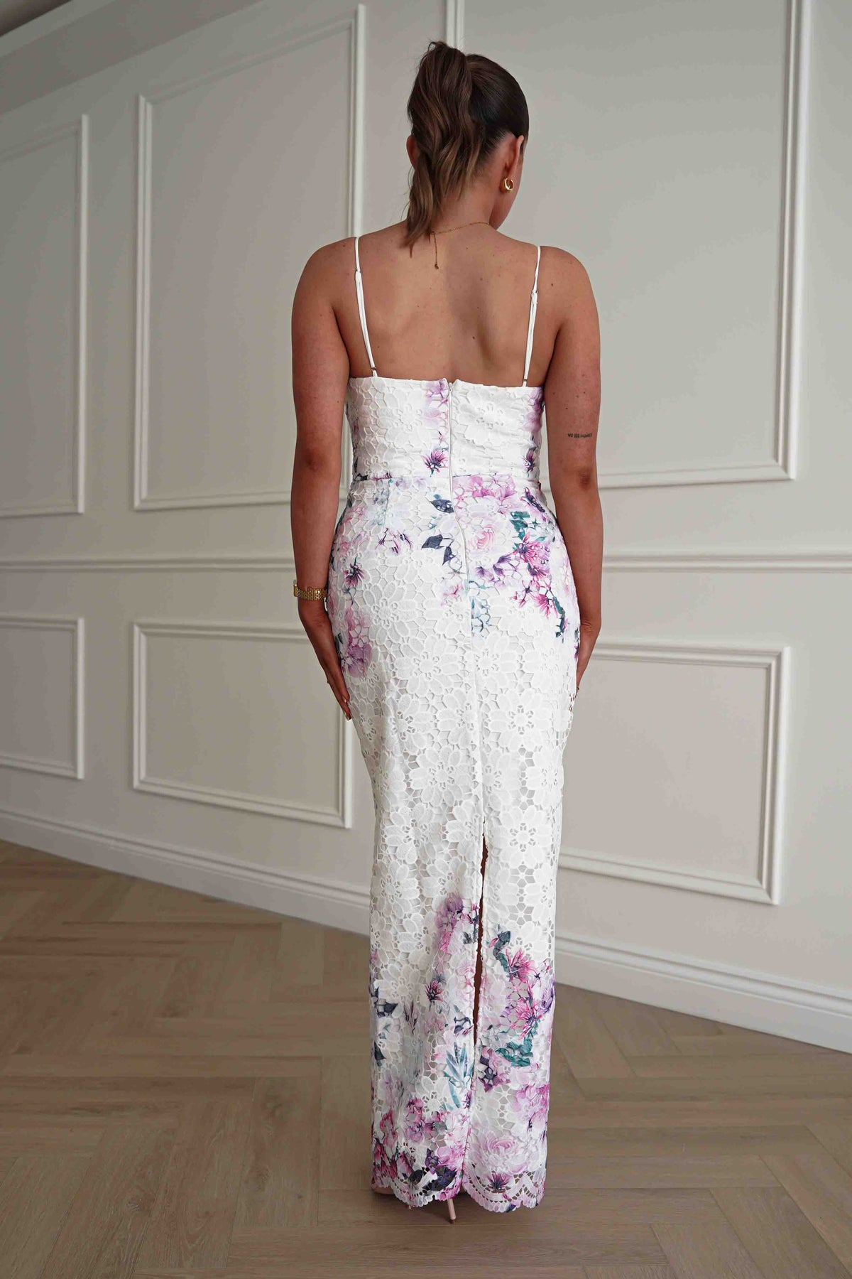 Melanie Floral Lace Midaxi Dress | White/Pink-Oh Hello Clothing