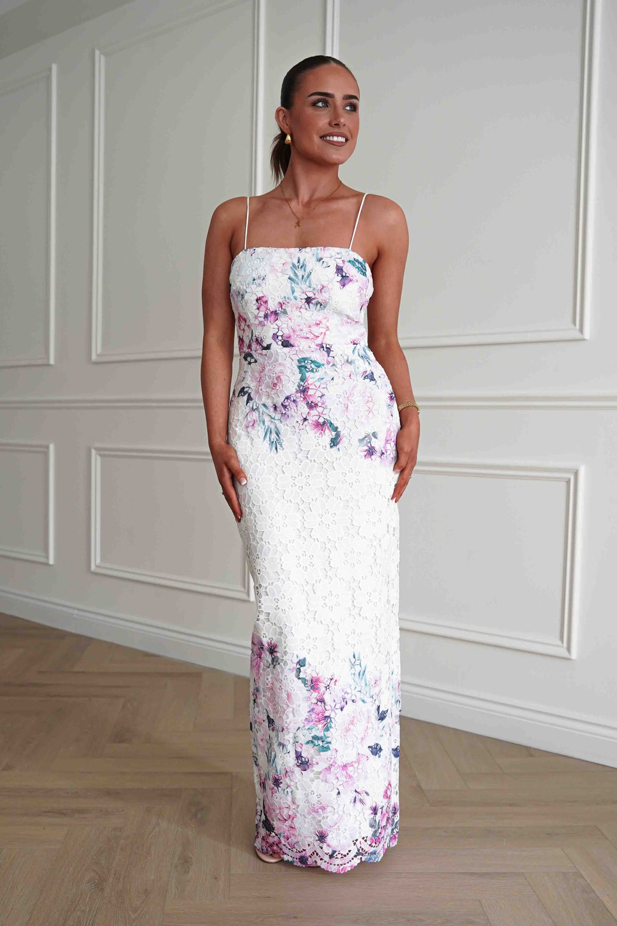Melanie Floral Lace Midaxi Dress | White/Pink-Oh Hello Clothing