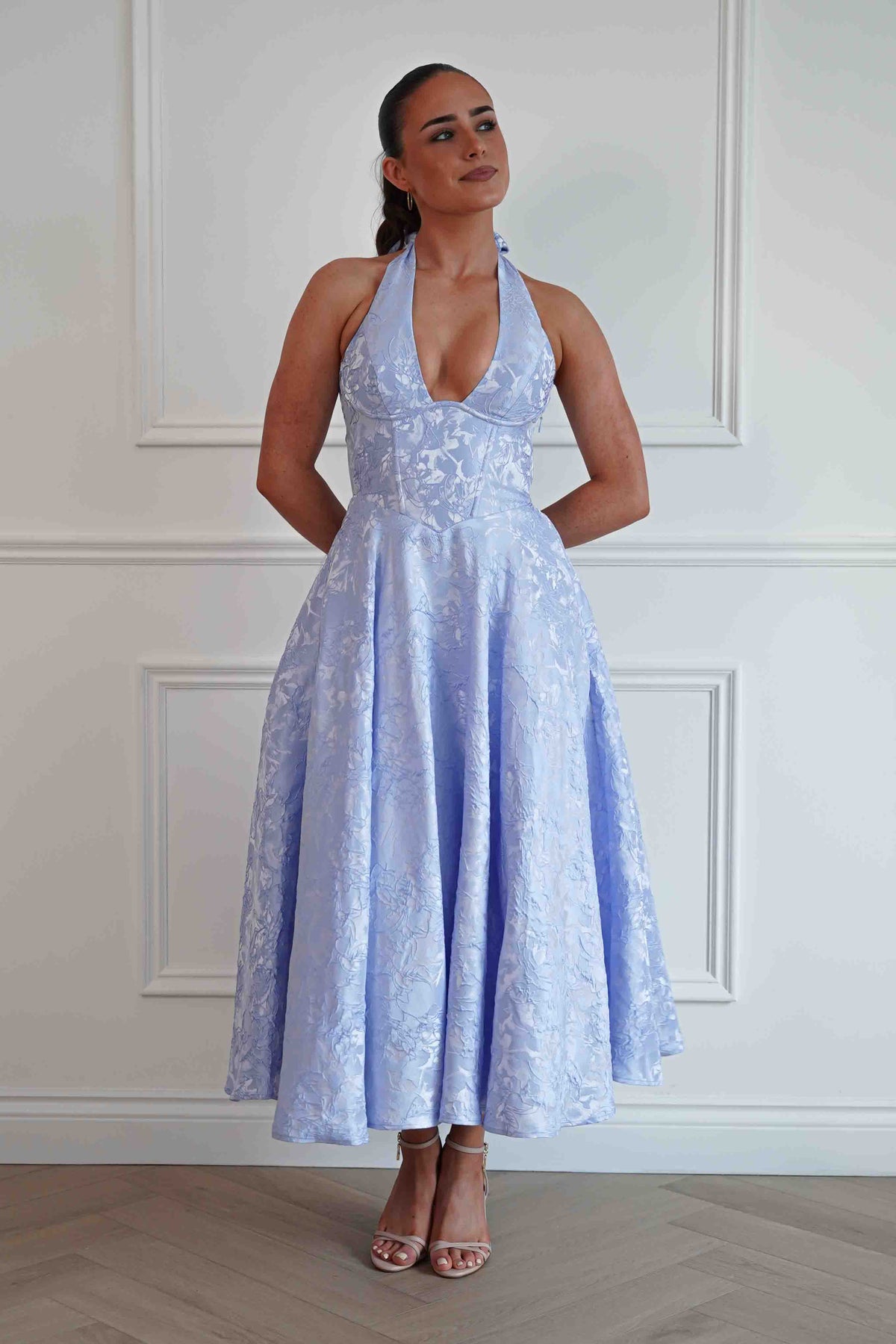 Mila Jacquard Plunge Midi Dress | Blue-Oh Hello Clothing