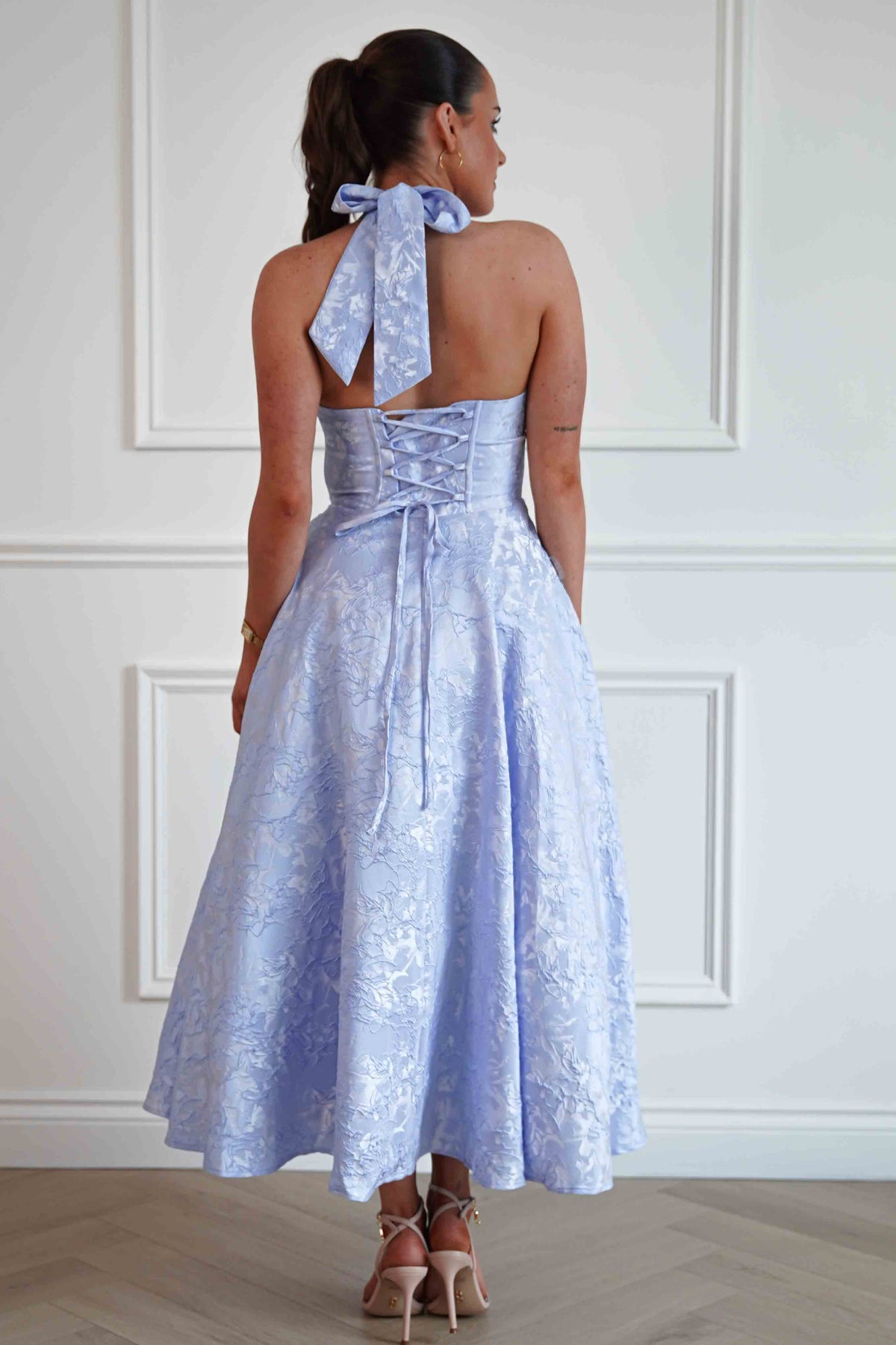 Mila Jacquard Plunge Midi Dress | Blue-Oh Hello Clothing
